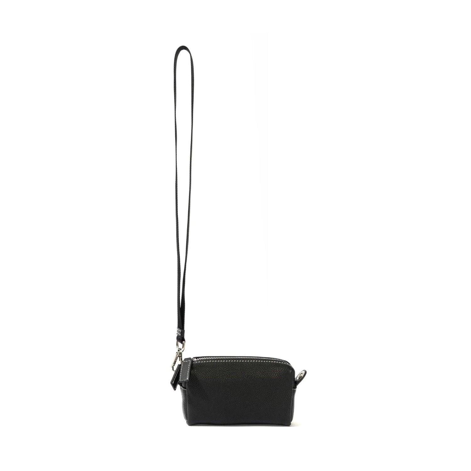 Black leather pouchette with long wrist strap and silver zipper on white background