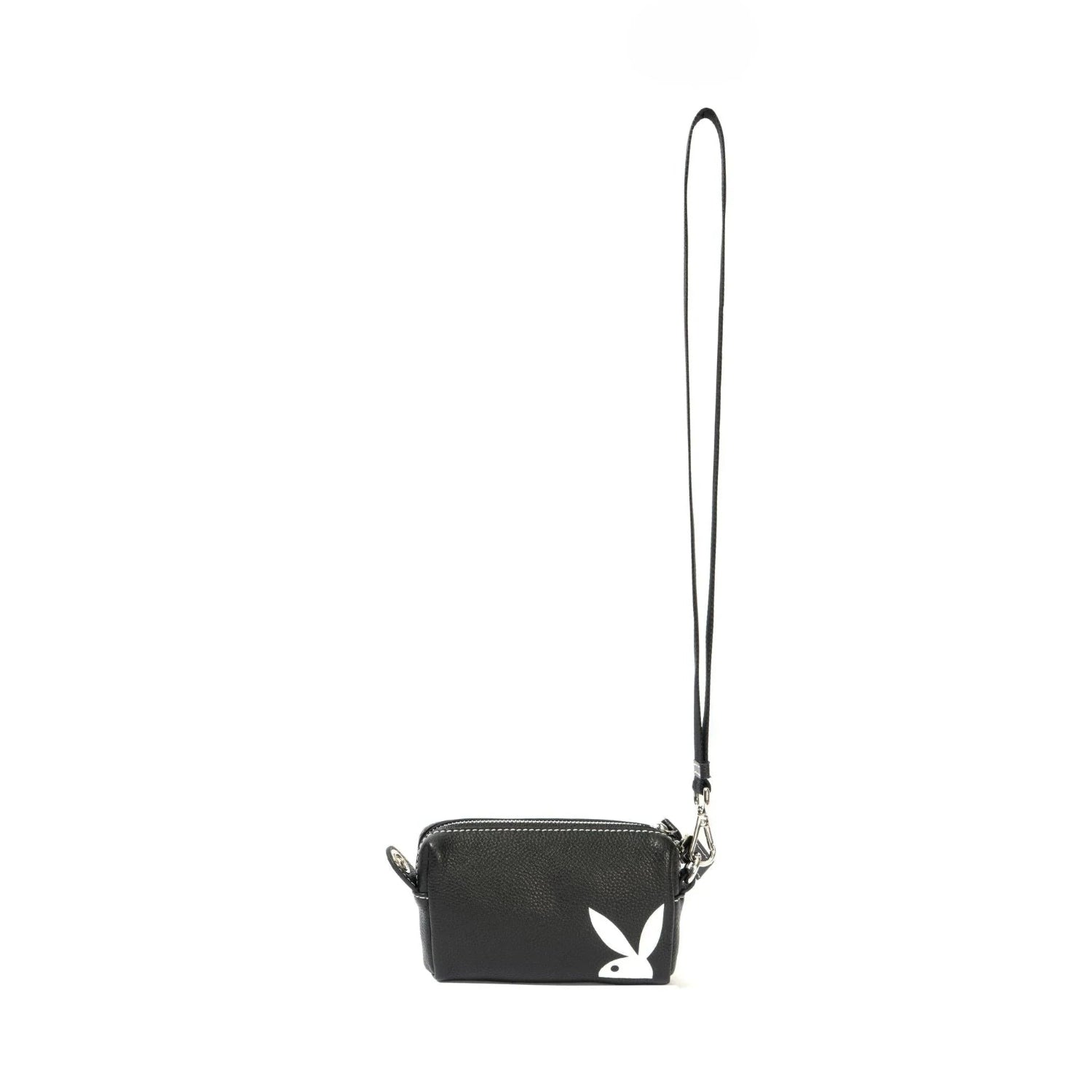 Black leather pouchette with white bunny logo and detachable wrist strap on white background