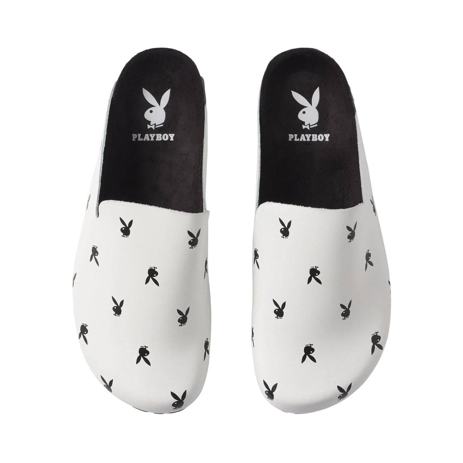 White leather slides with black bunny logo pattern and black insoles
