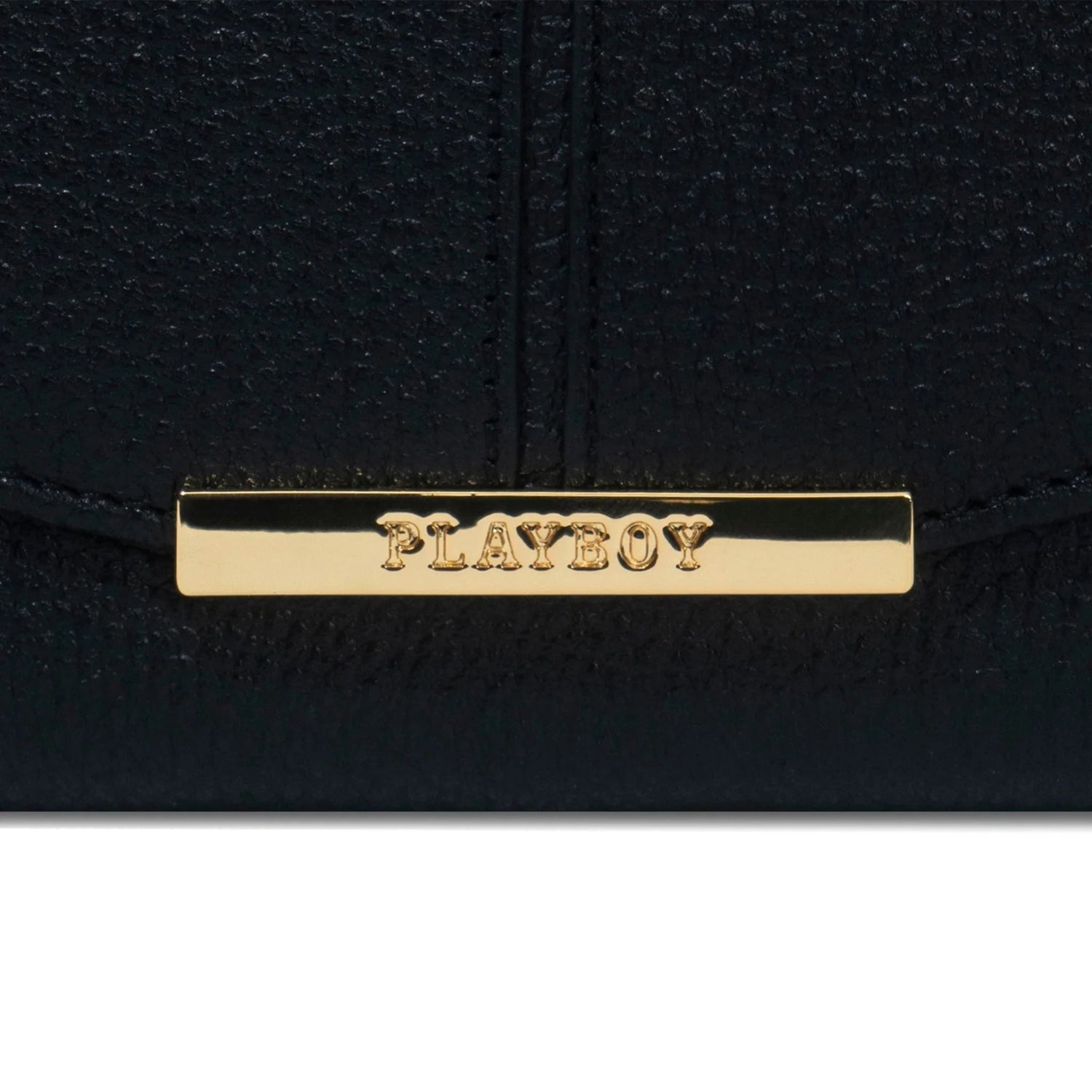 Black leather trifold wallet with gold metal Playboy logo accent