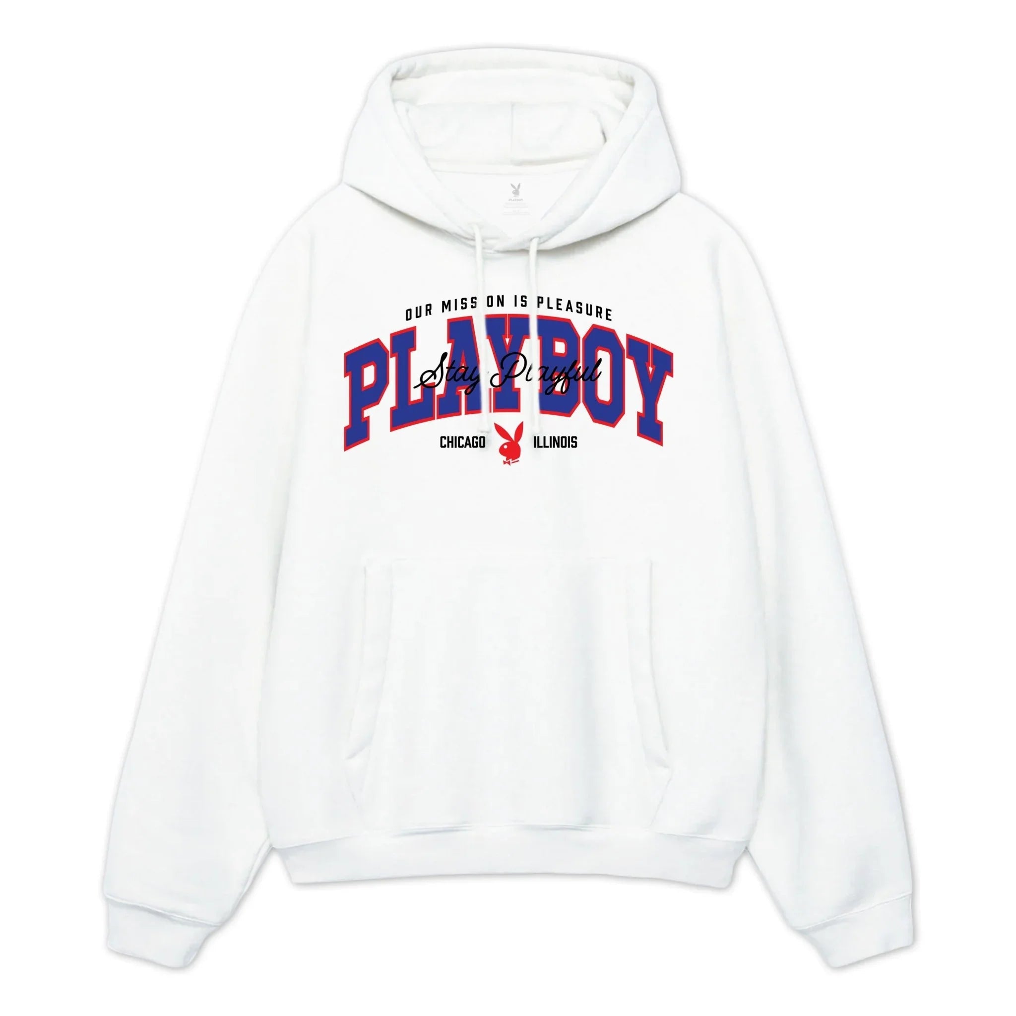 White letterman-style hoodie with large PLAYBOY graphic, red outline text, and kangaroo pocket