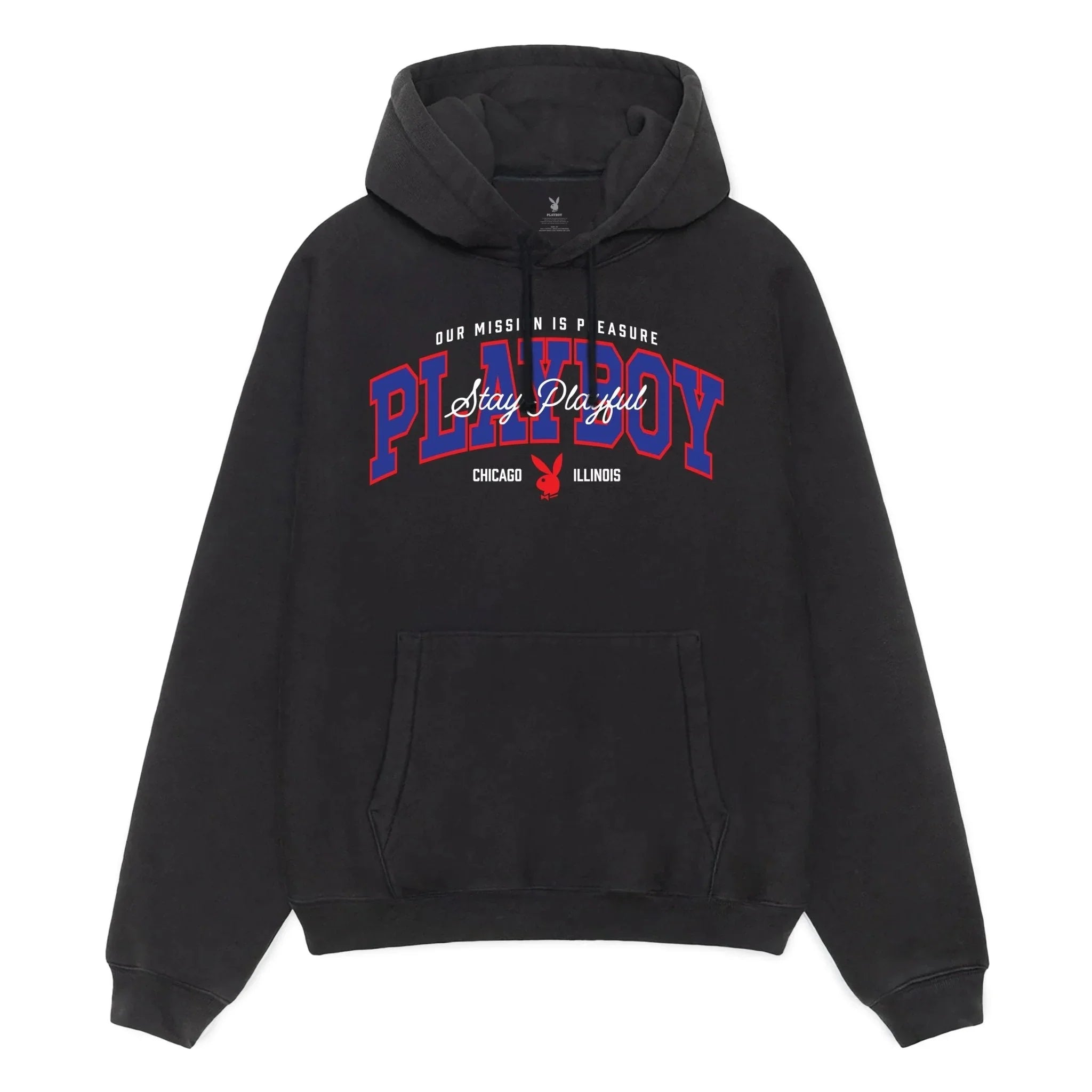 Black hoodie with red and blue PLAYBOY text, front pocket, and Chicago Illinois graphic.