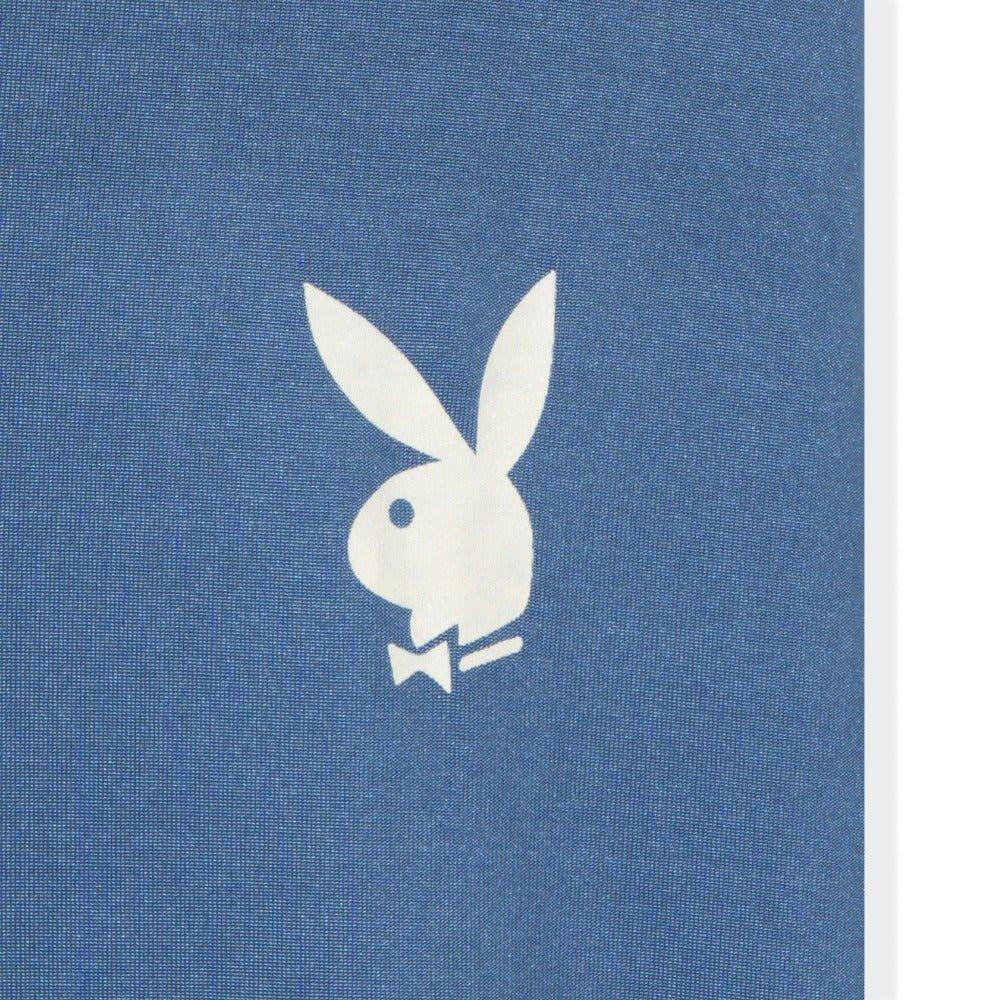 Blue leggings close-up with white bunny head graphic print