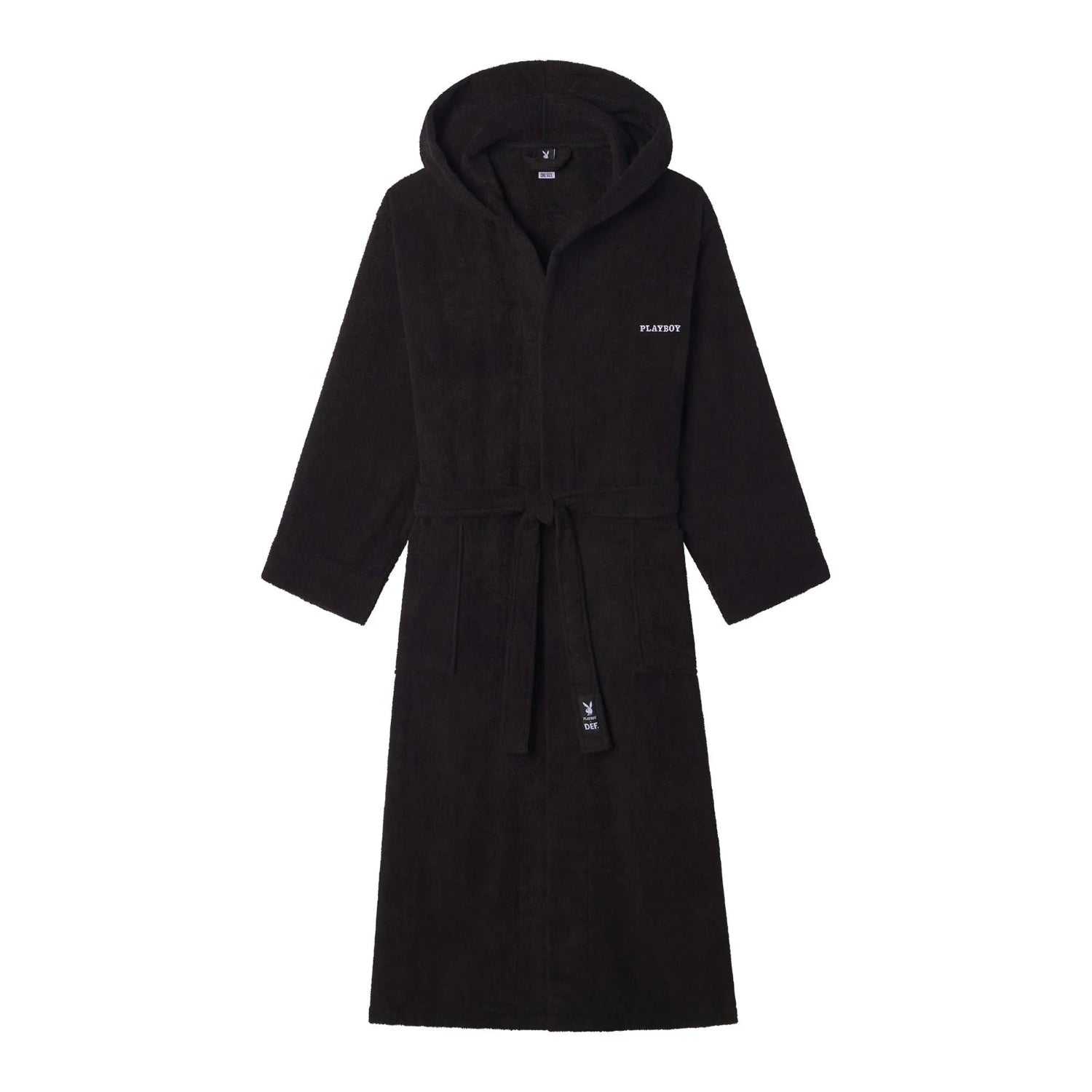 Black hooded bathrobe with embroidered logo and tie belt, soft cotton loungewear.