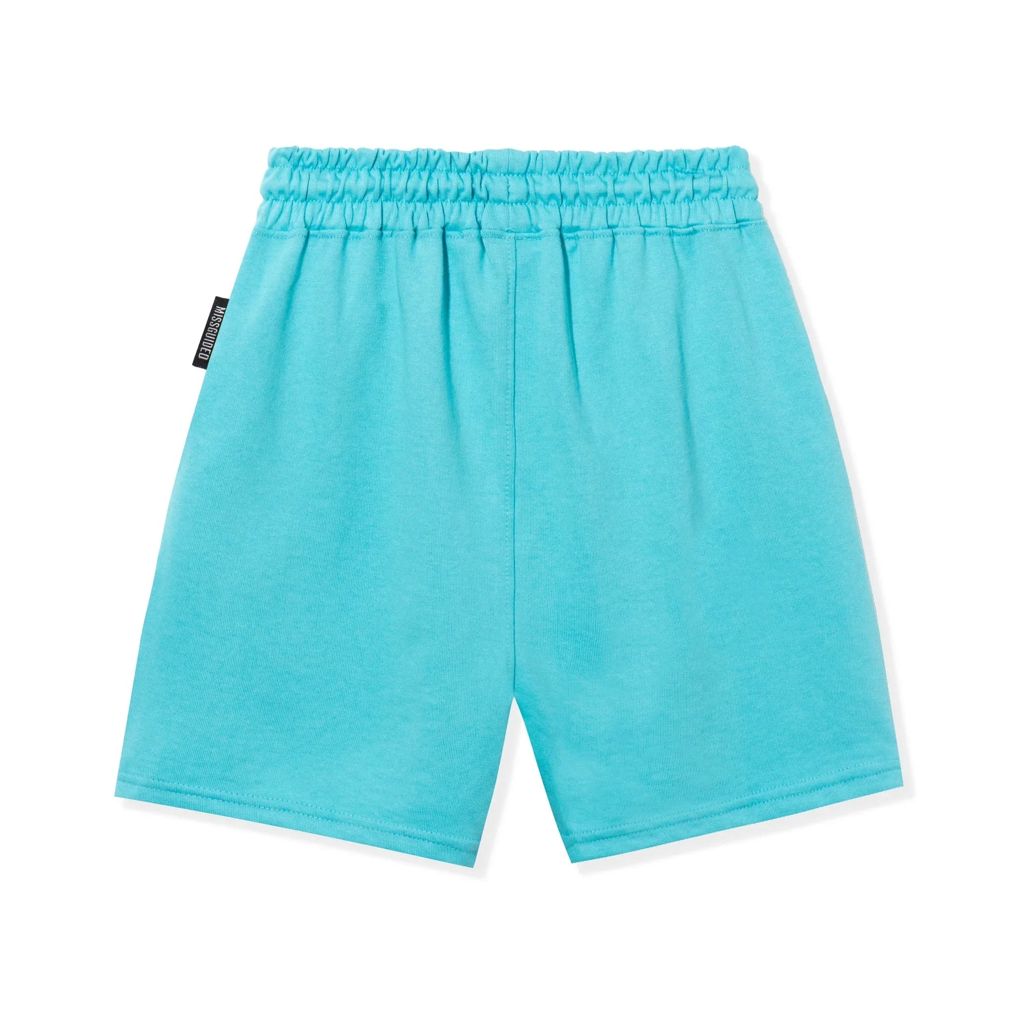 Aqua blue women's boyfriend shorts with elastic waistband, back view on white background