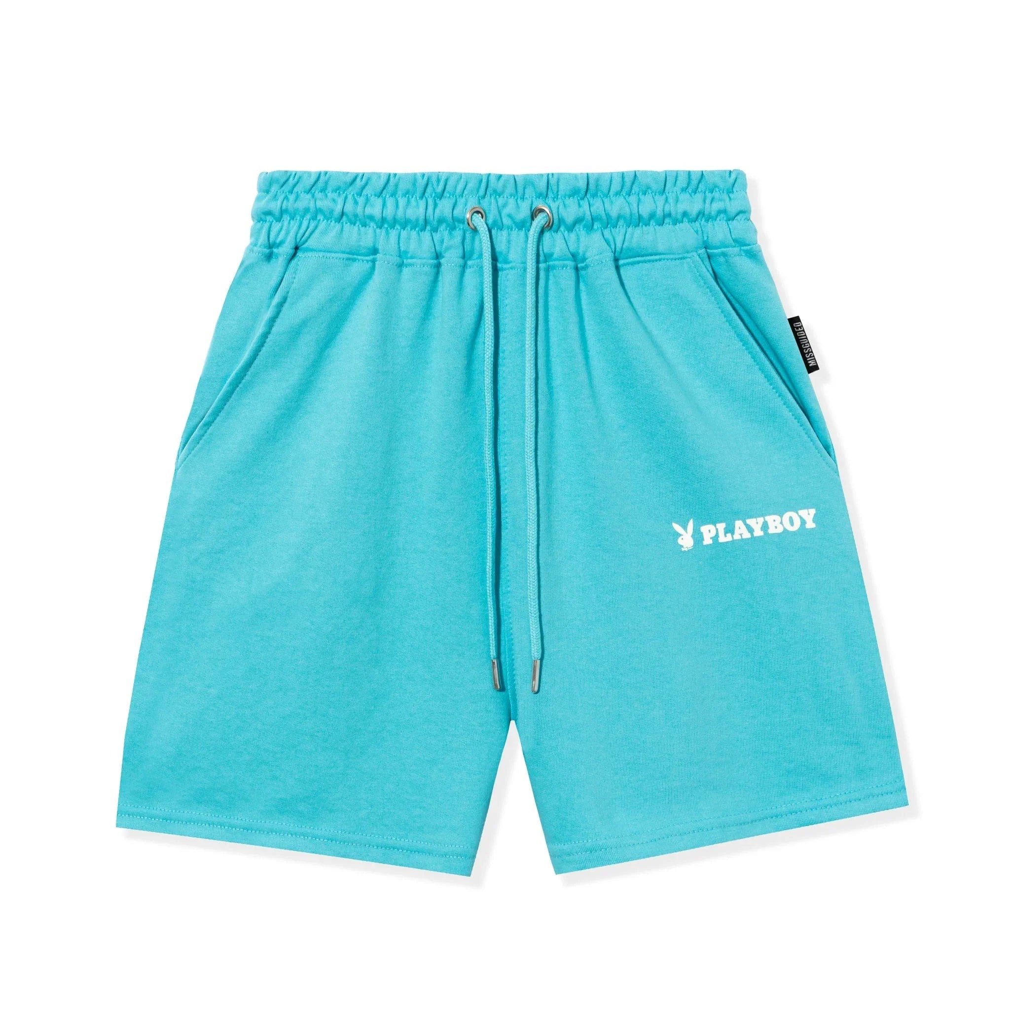 Aqua blue men's drawstring shorts with white Playboy logo and side pockets, flat lay.