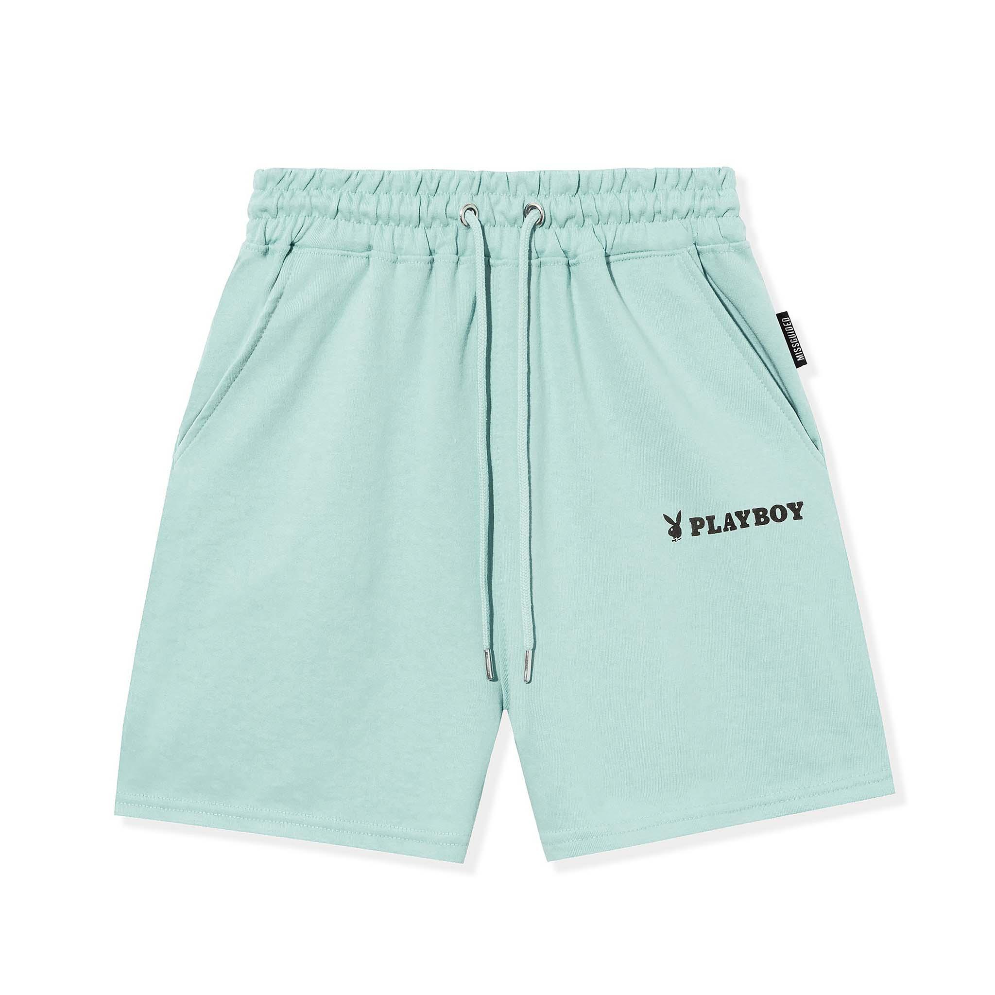 Light blue men's drawstring shorts with front pockets and black graphic text on left leg