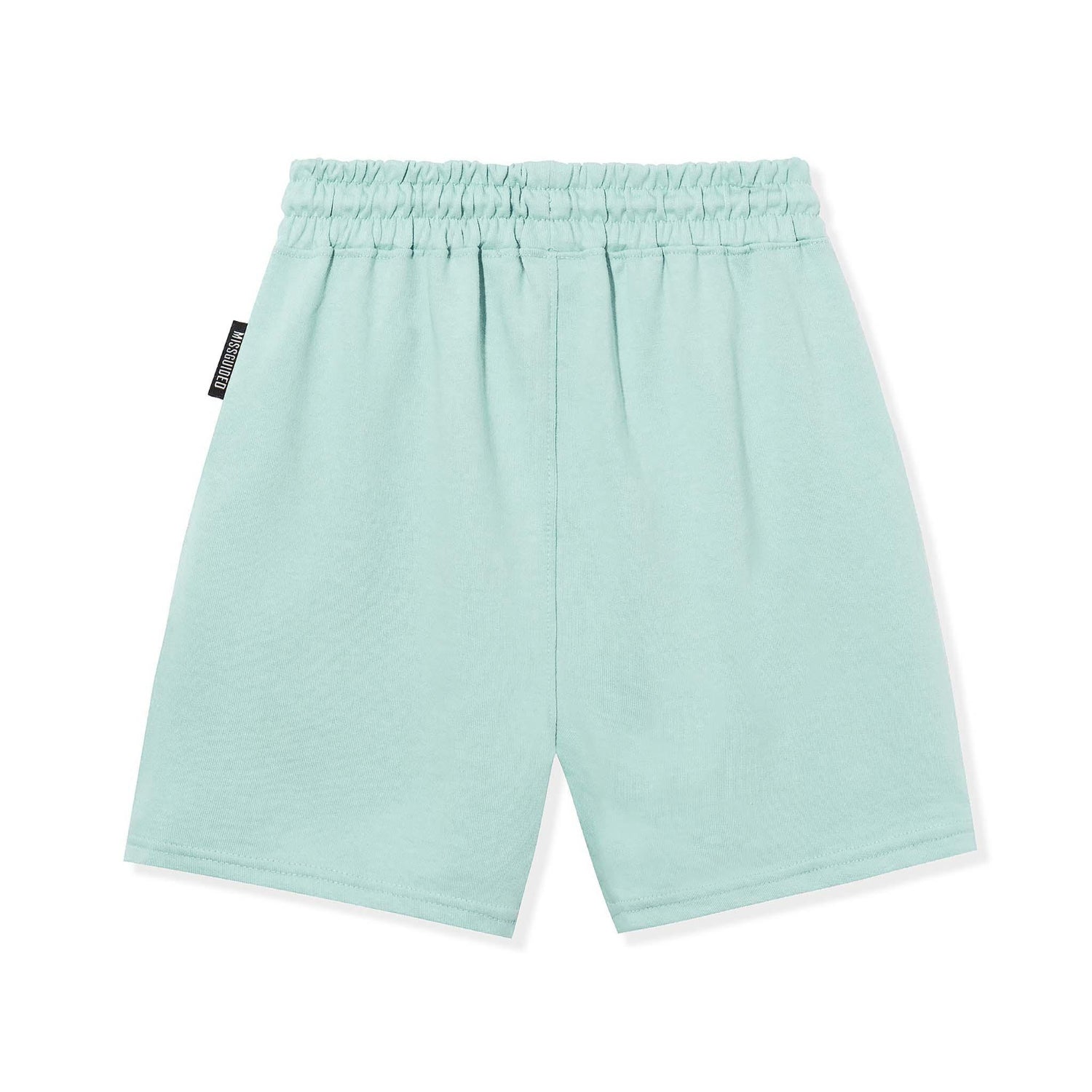 Light blue elastic waist shorts with a side tag, back view, laid flat on white background.