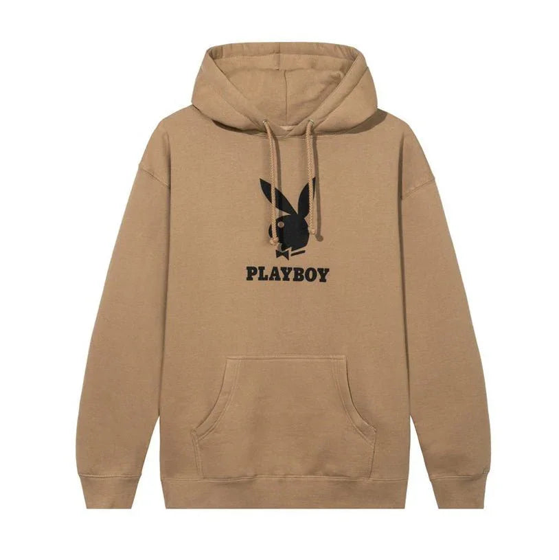 Tan hoodie with black Playboy bunny logo and text, kangaroo pocket, drawstring hood