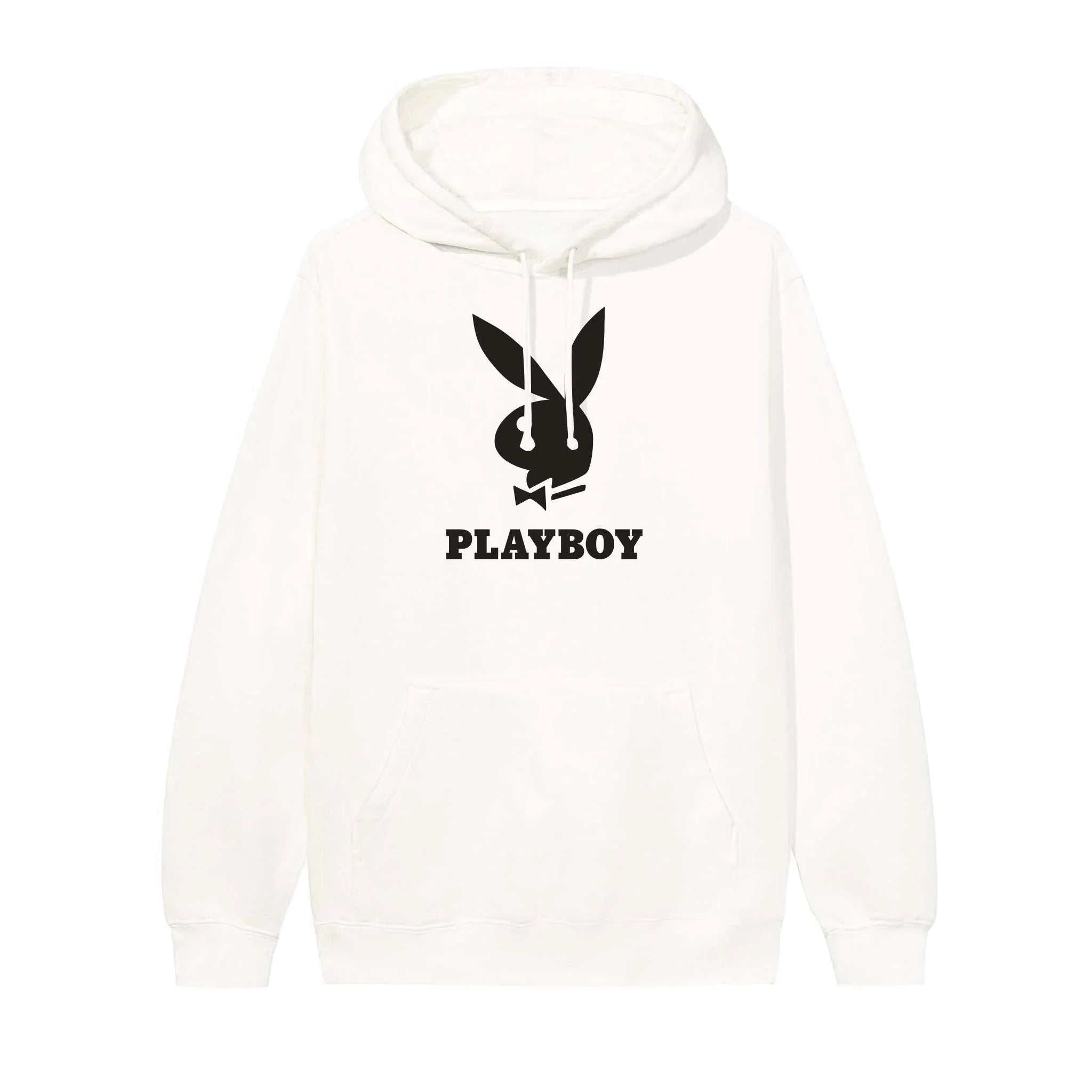 White hoodie with black bunny logo and PLAYBOY text on front, unisex streetwear