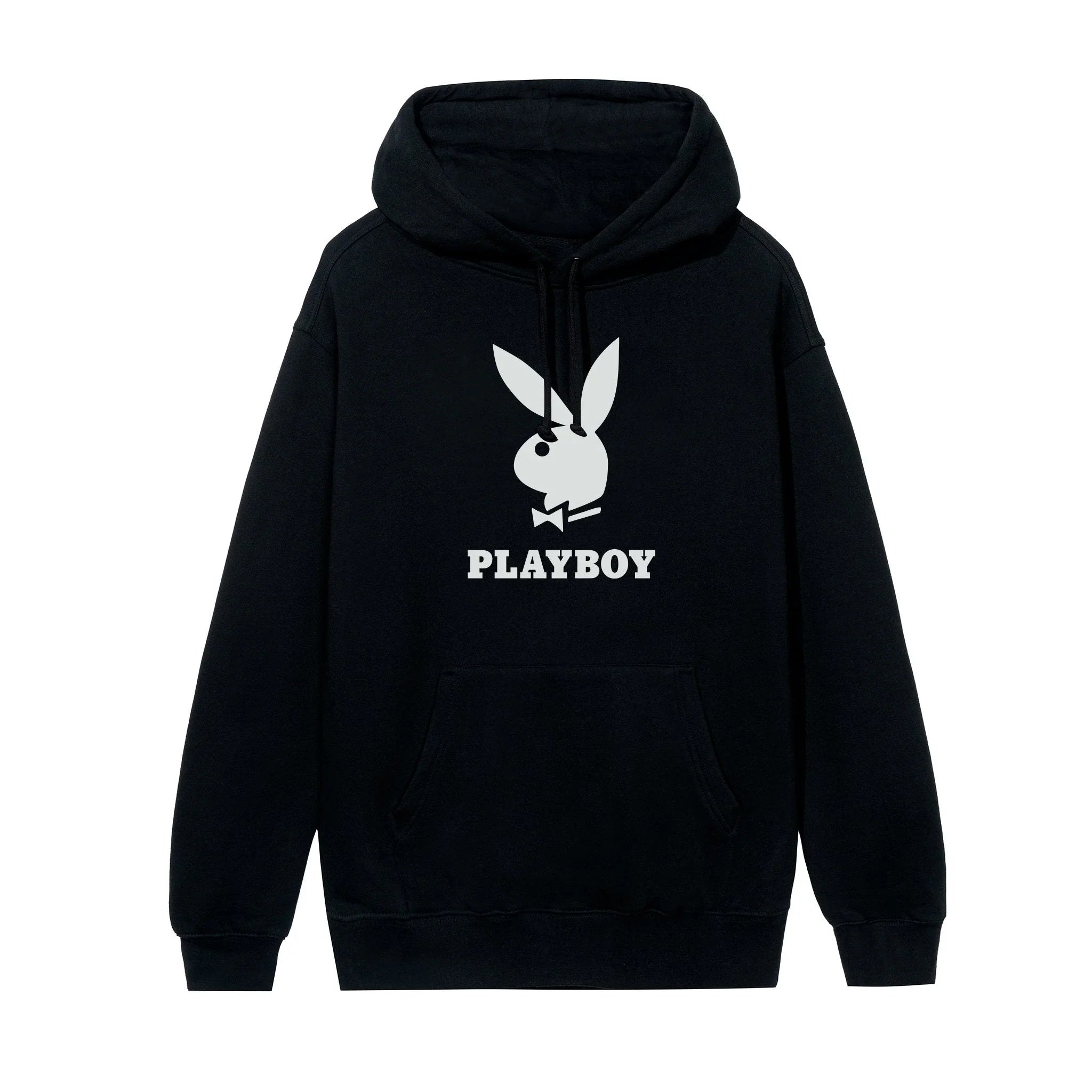 Black hoodie with white bunny logo and PLAYBOY text on front, men's streetwear sweatshirt