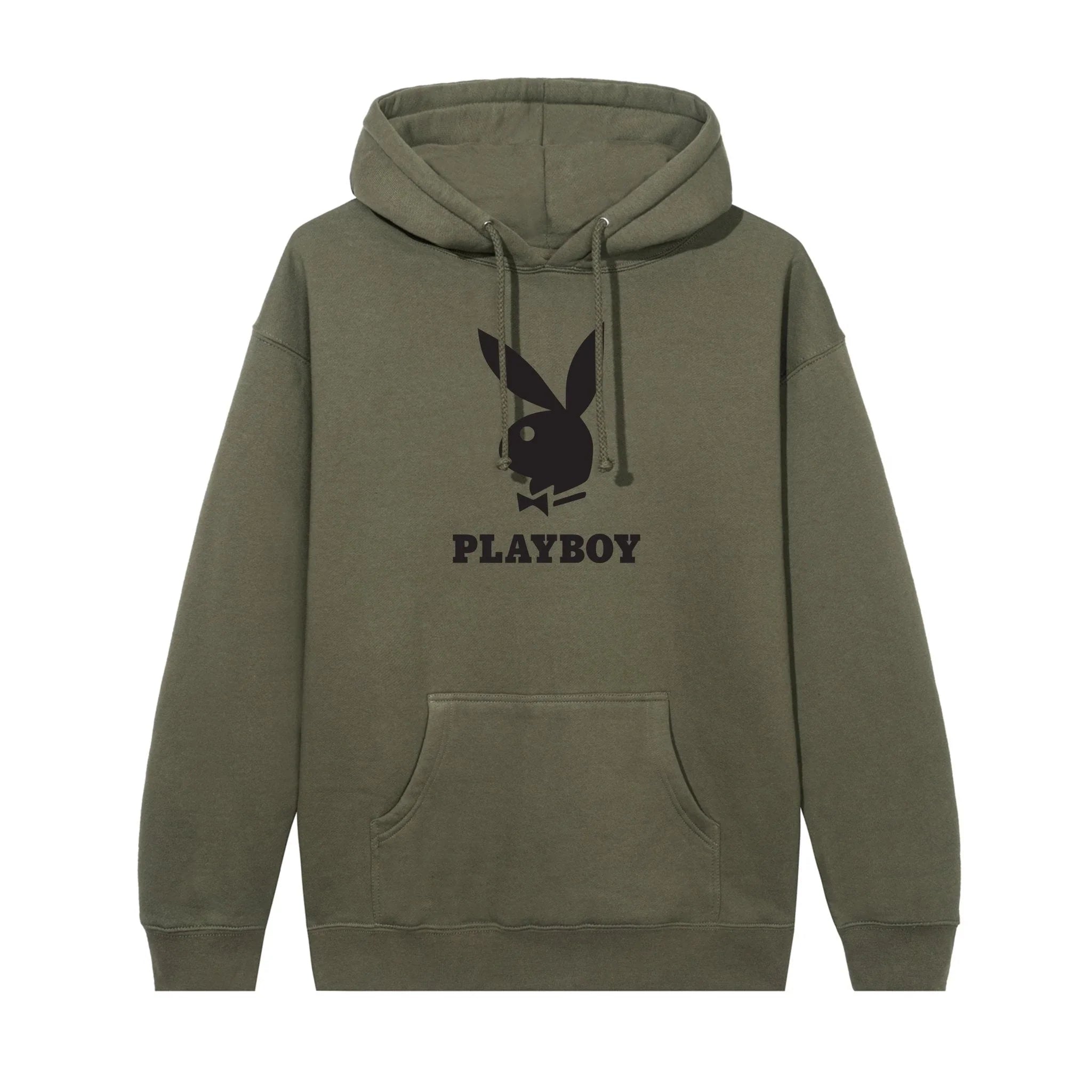 Olive green hoodie with black bunny logo and PLAYBOY text, front graphic, kangaroo pocket