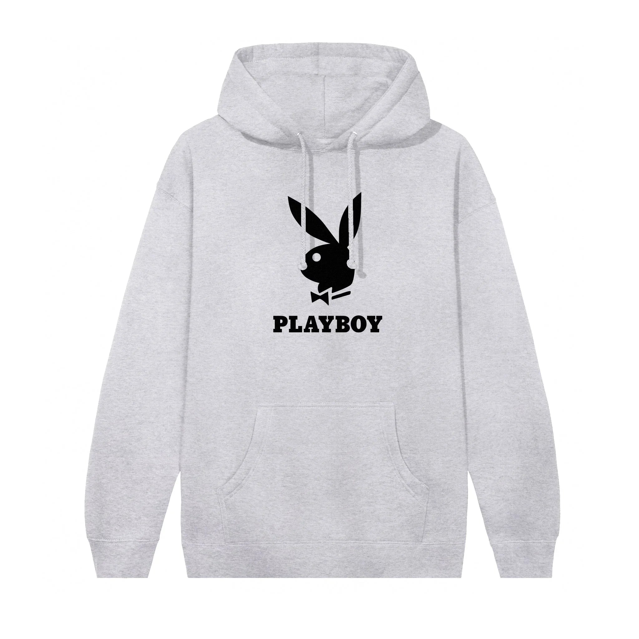 Light grey hoodie with black Playboy bunny logo and text, front pouch pocket, drawstring hood