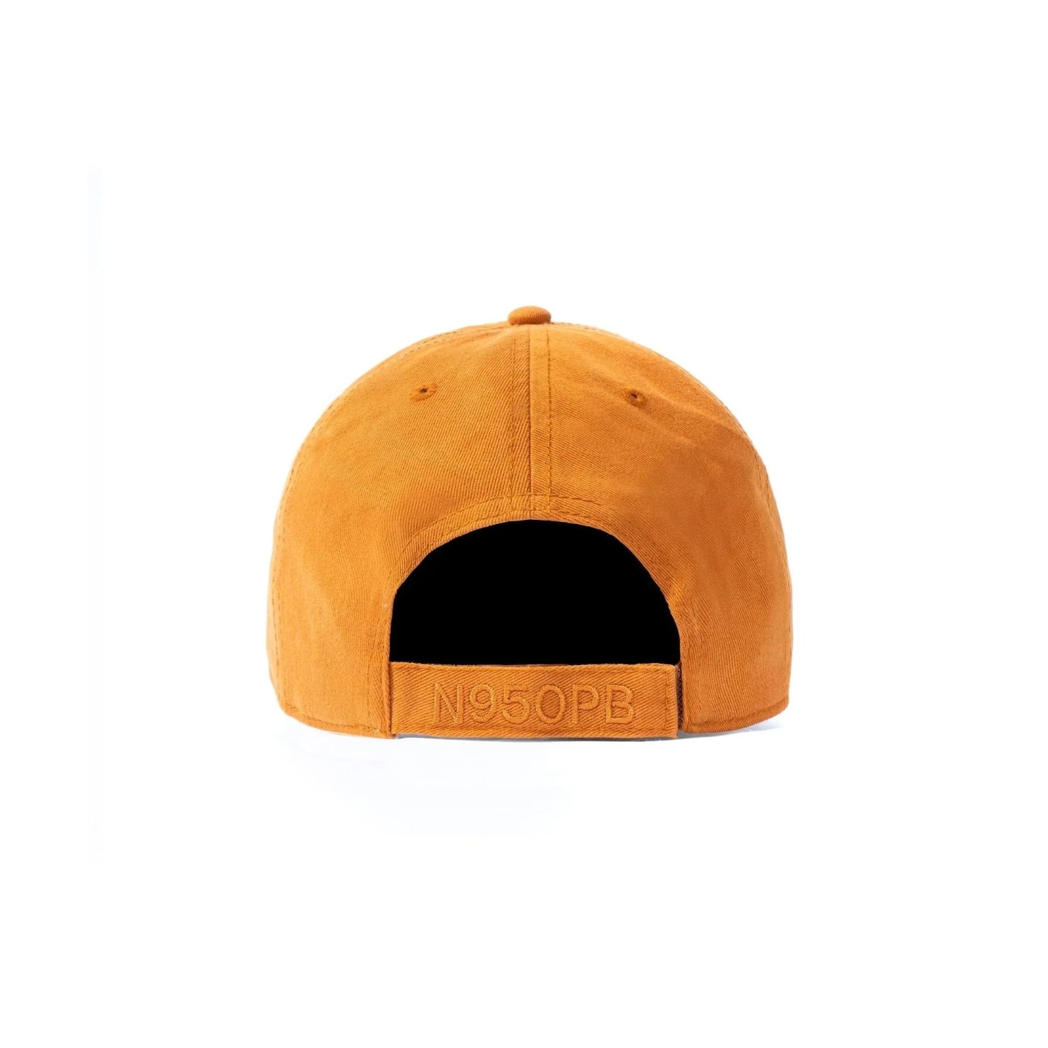 Orange adjustable dad hat with embroidered N950PB text on the back, white background