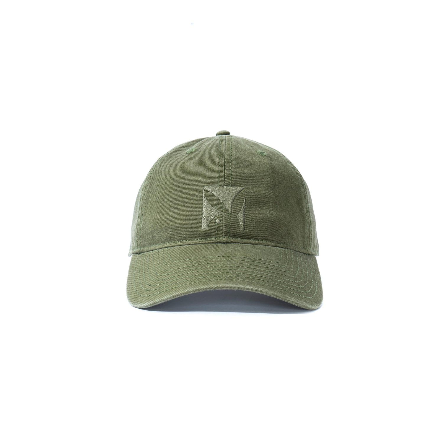 Olive green adjustable dad hat with embroidered logo on front, isolated on white background