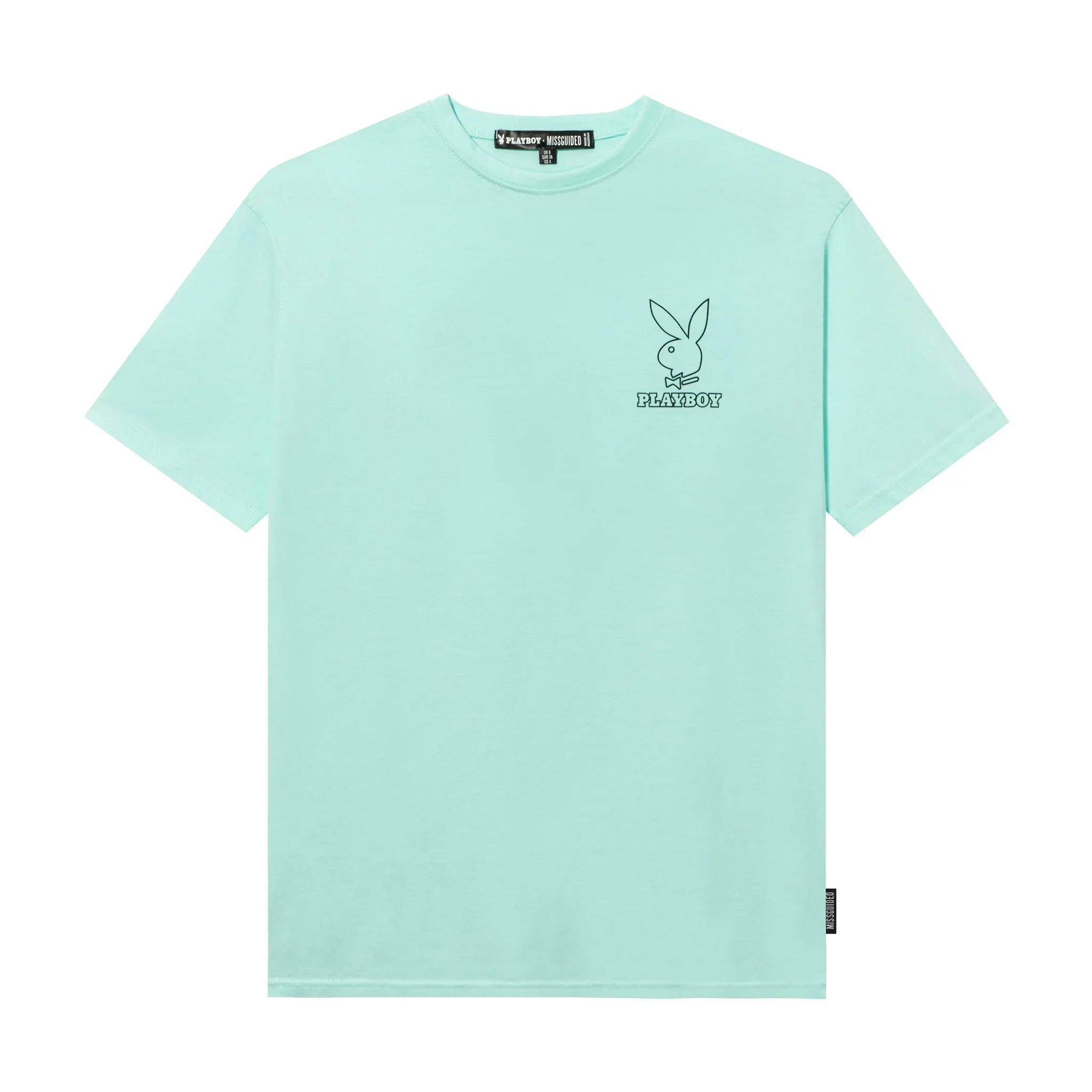 Mint green oversized t-shirt with Playboy bunny logo and text on chest, short sleeves, crew neck
