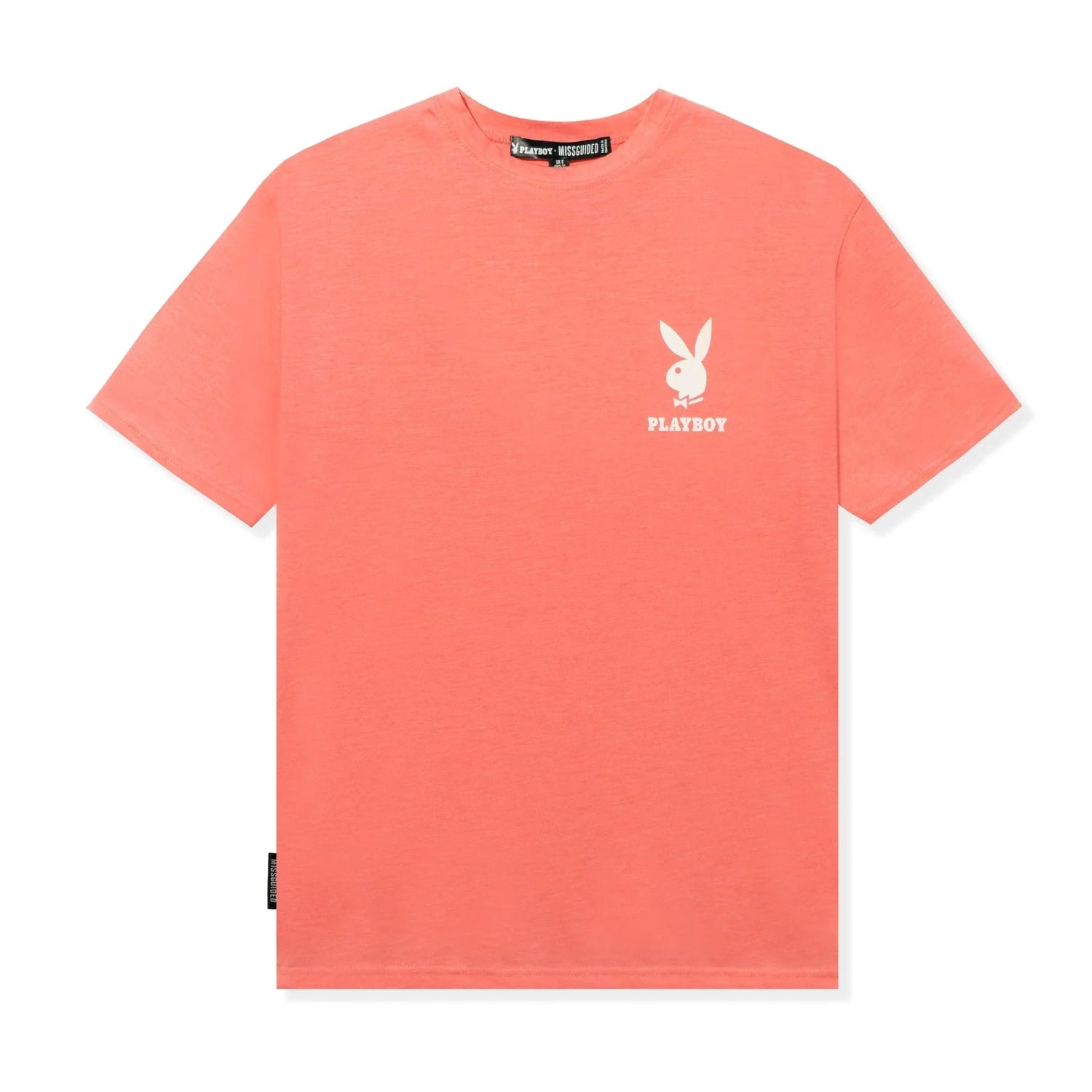 Oversized coral t-shirt with white bunny logo and text on chest, short sleeves, laid flat