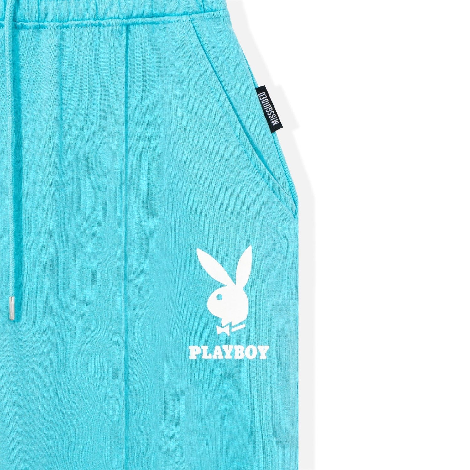 Sky blue sweatpants with white Playboy bunny logo and side pocket detail