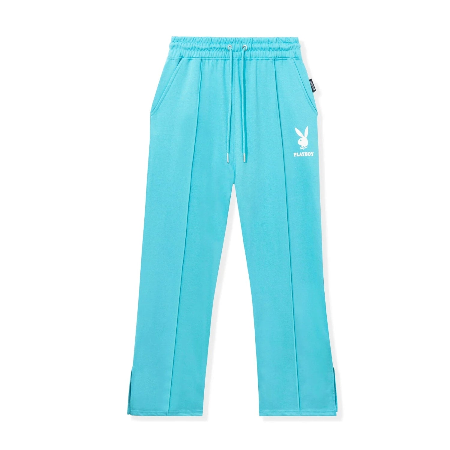 Aqua blue sweatpants with side pockets, drawstring waist, and white bunny logo on left hip.