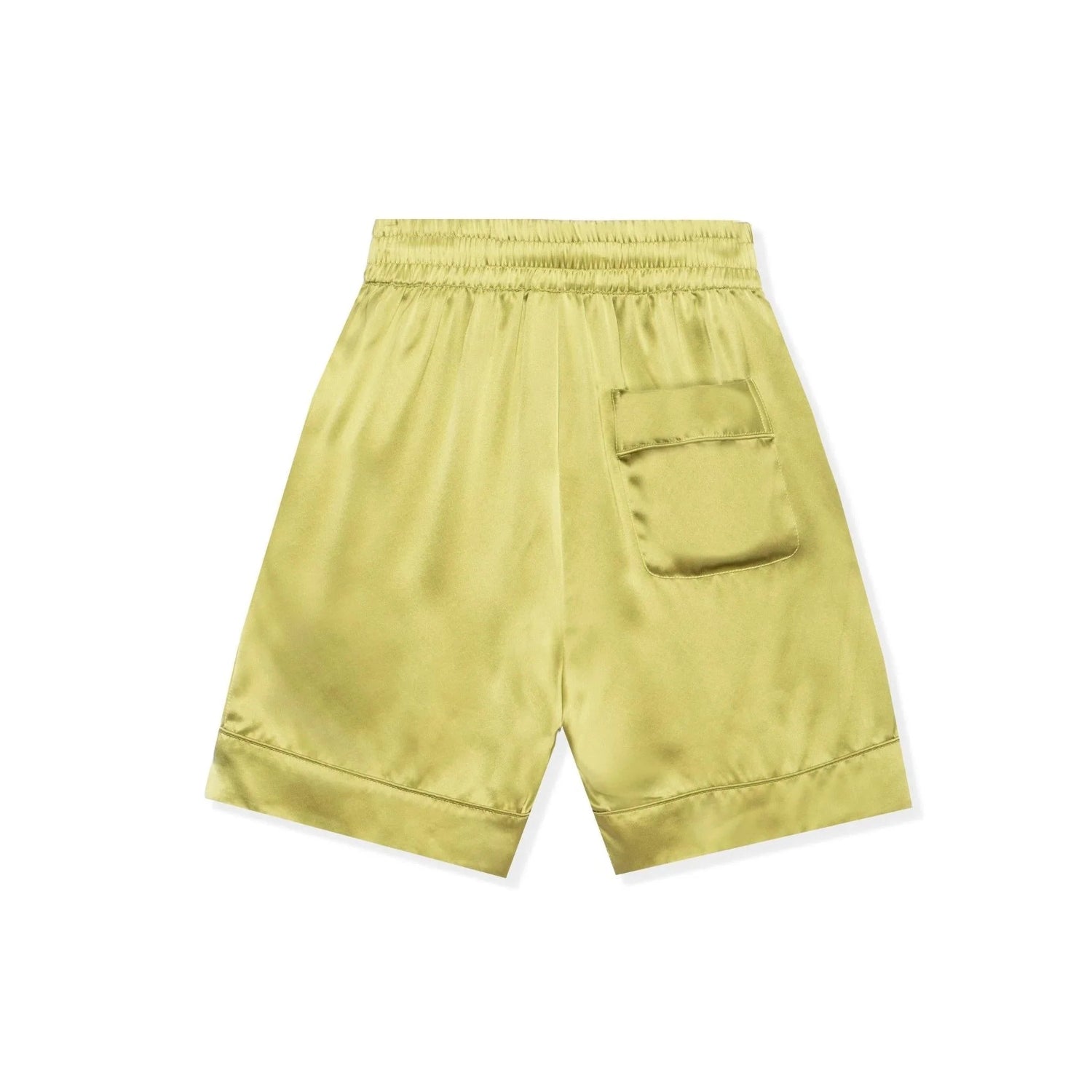 Light gold silk shorts with elastic waistband and back pocket laid flat on white background