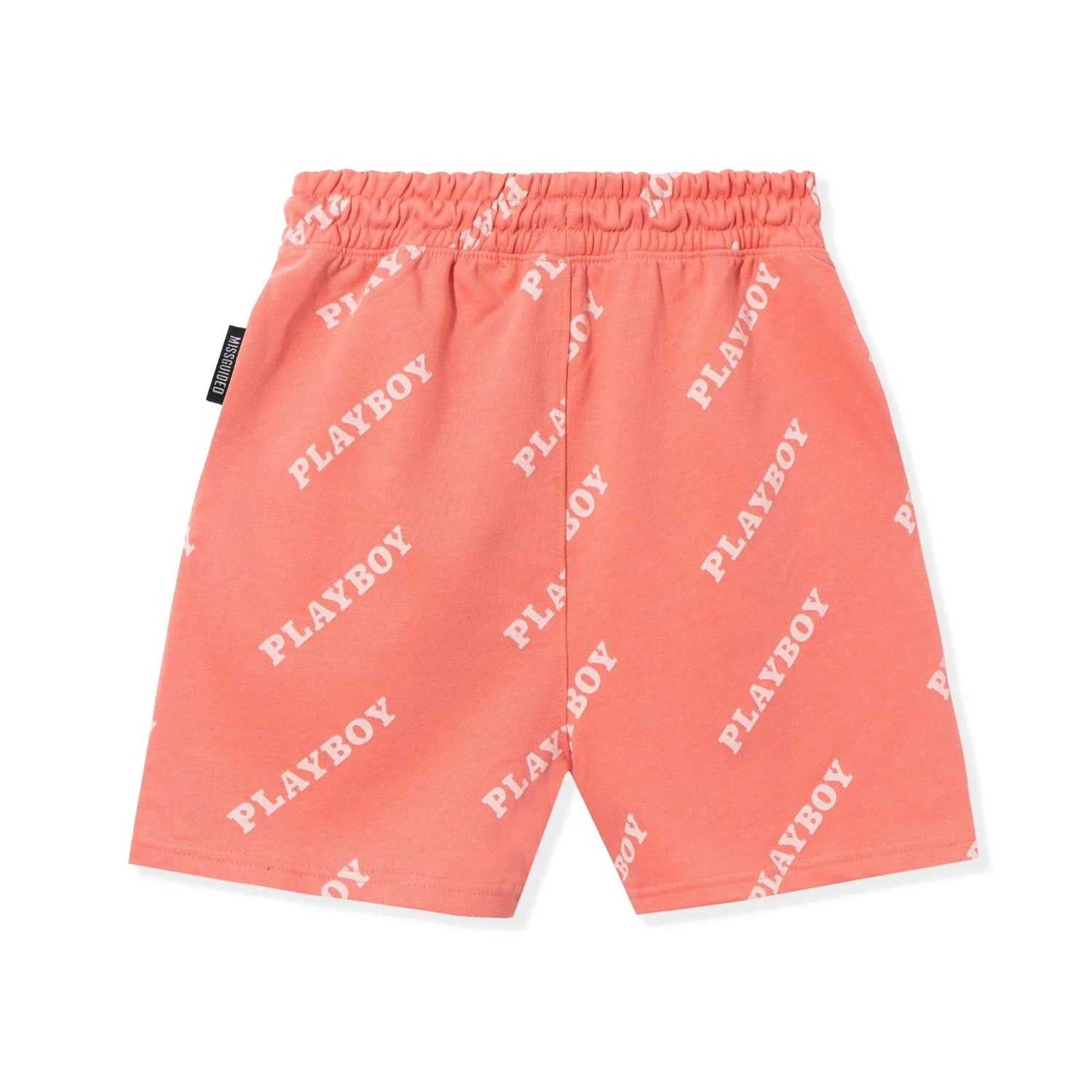 Coral pink boyfriend shorts with elastic waistband and white PLAYBOY logo pattern all over.