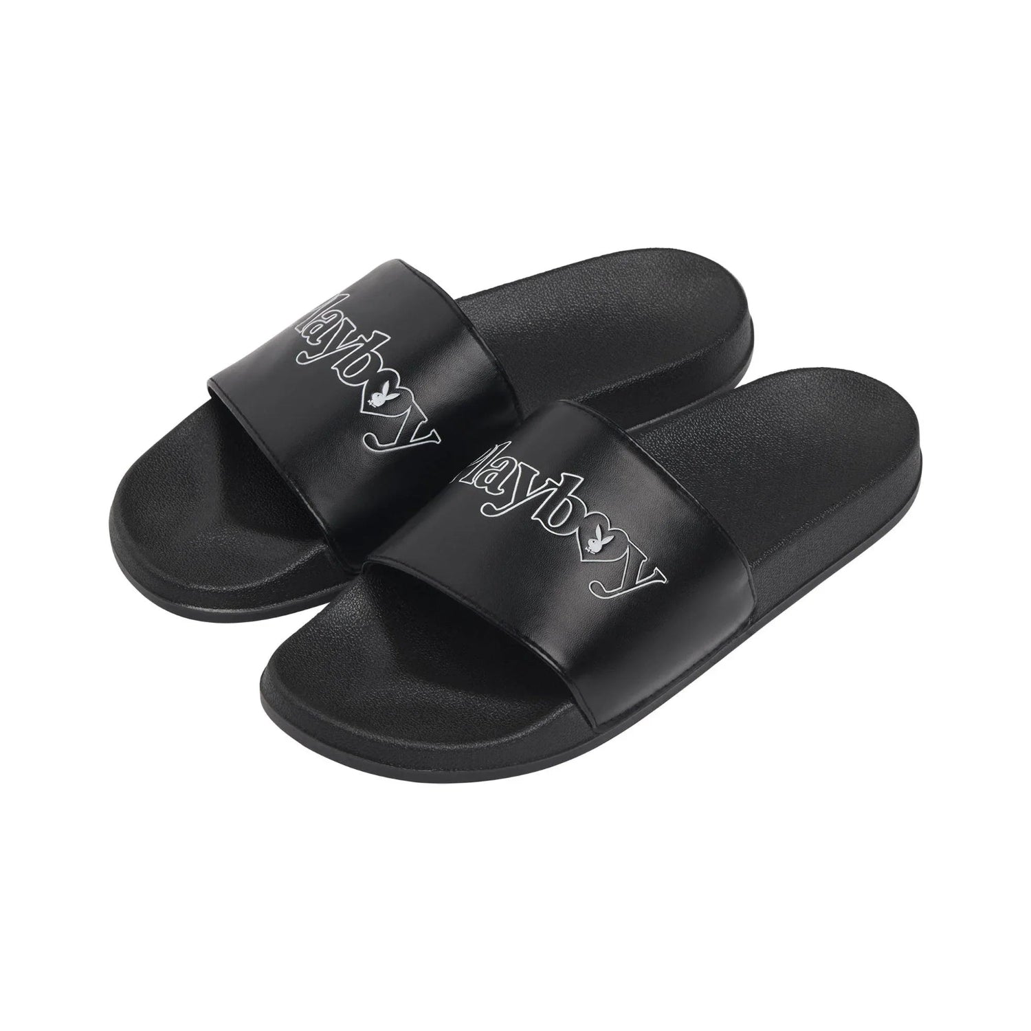 Black slide sandals with white logo and bunny icon on strap, casual footwear on white background