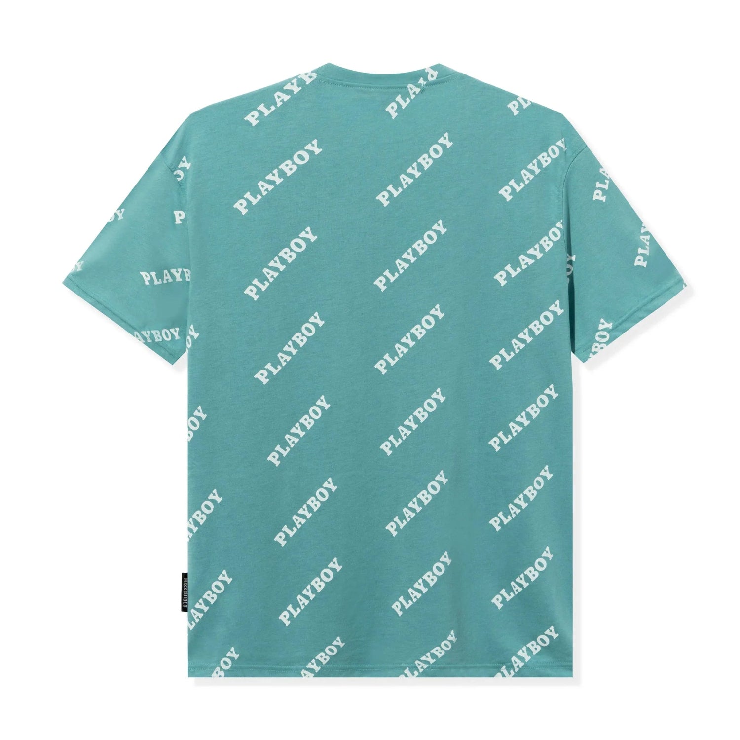 Teal oversized t-shirt with white PLAYBOY text print all over, short sleeves, flat lay