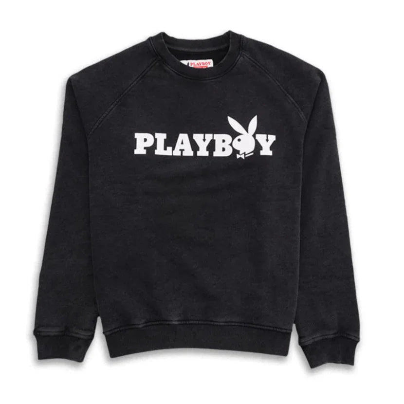 Black crewneck sweatshirt with bold white Playboy logo and bunny graphic on front