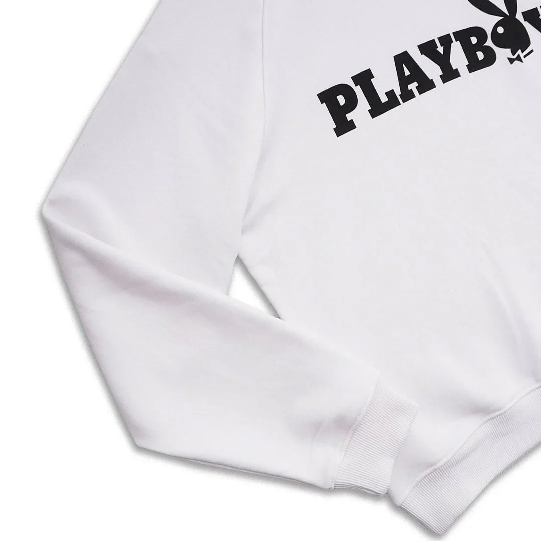 White crewneck sweatshirt with black PLAYBOY logo and bunny graphic on chest
