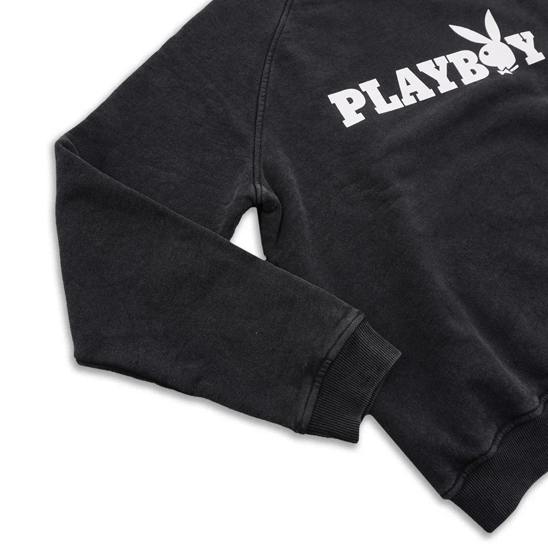 Black crewneck sweatshirt with white Playboy logo and bunny graphic on chest