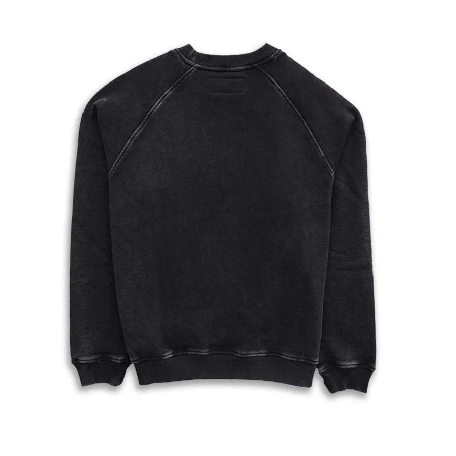 Back view of a black crewneck sweatshirt with raglan sleeves, plain design on white background