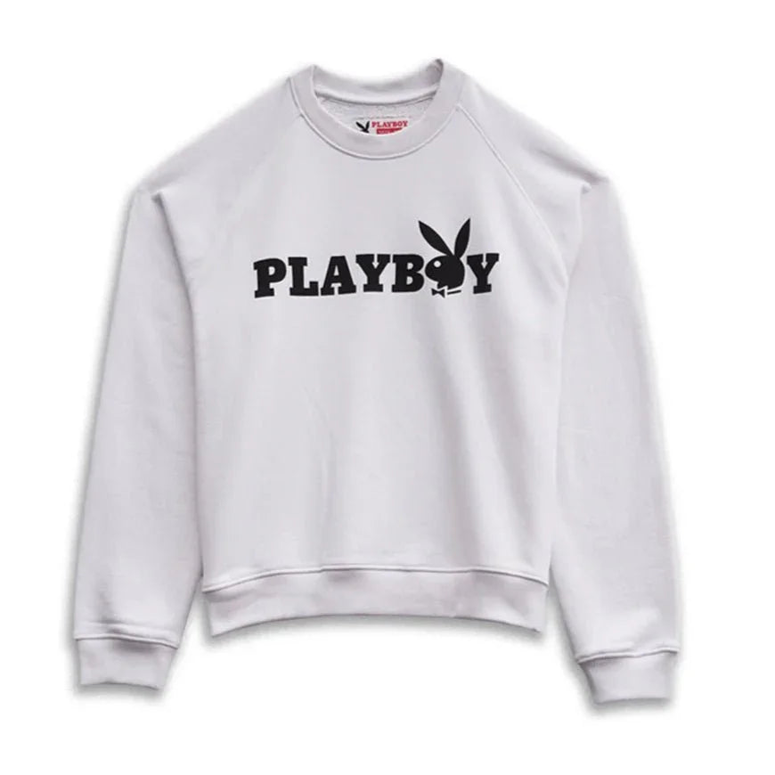 White crewneck sweatshirt with black PLAYBOY logo and bunny graphic on the chest