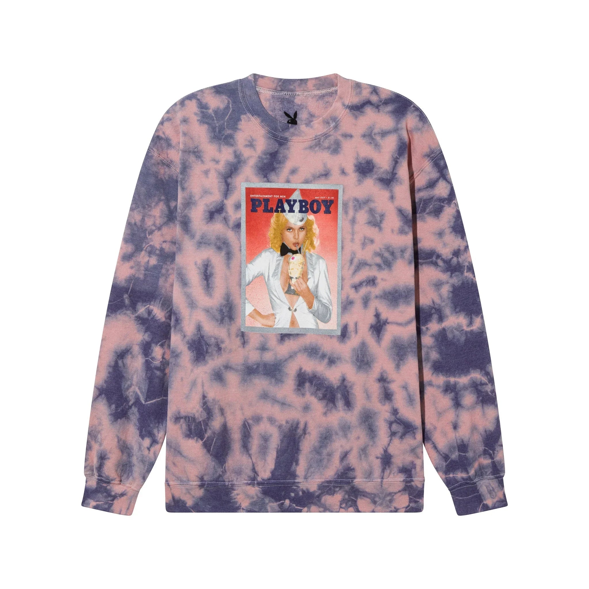 Pink and purple tie-dye crewneck sweatshirt with a vintage magazine cover graphic on front