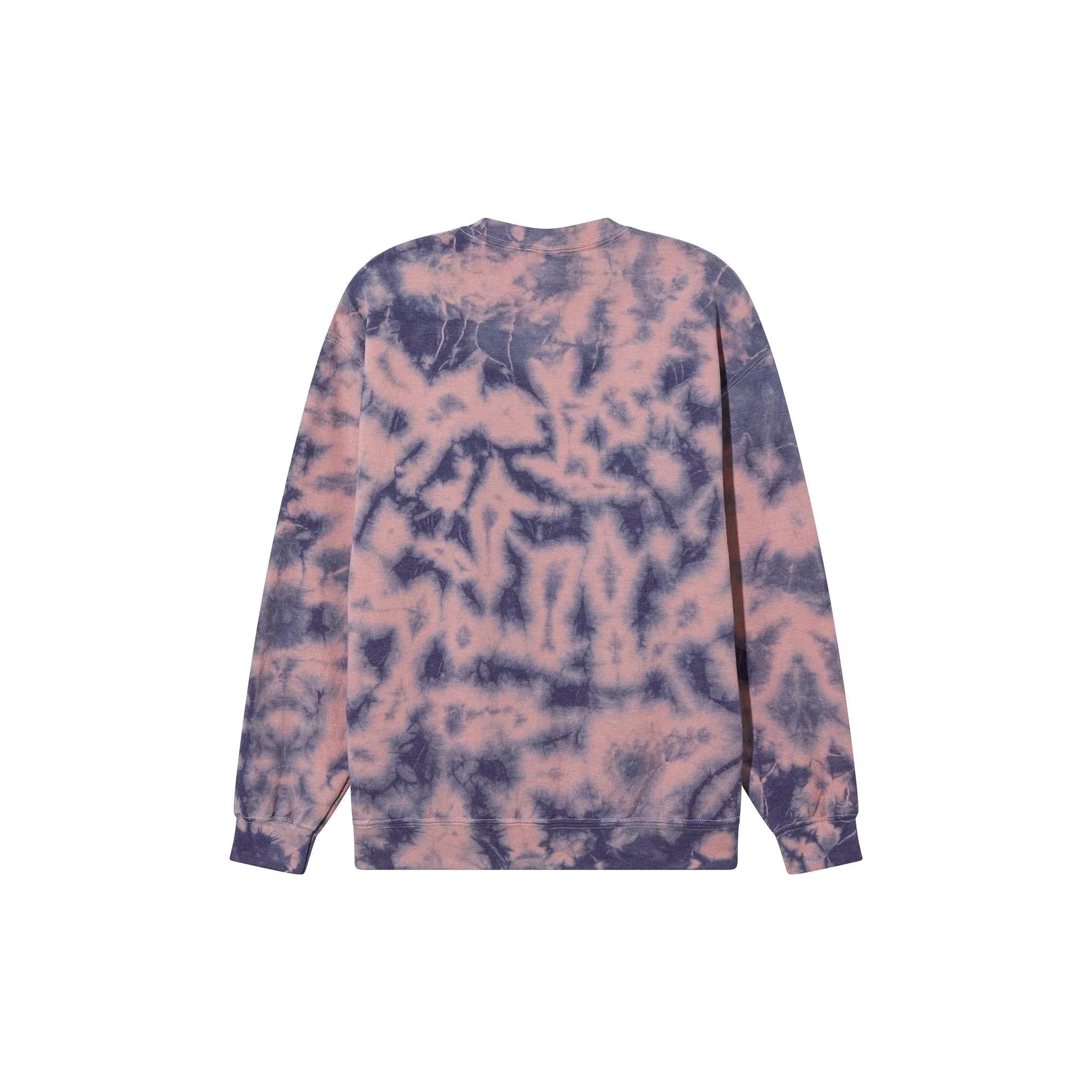 Back view of a pink and purple tie-dye crewneck sweatshirt on white background