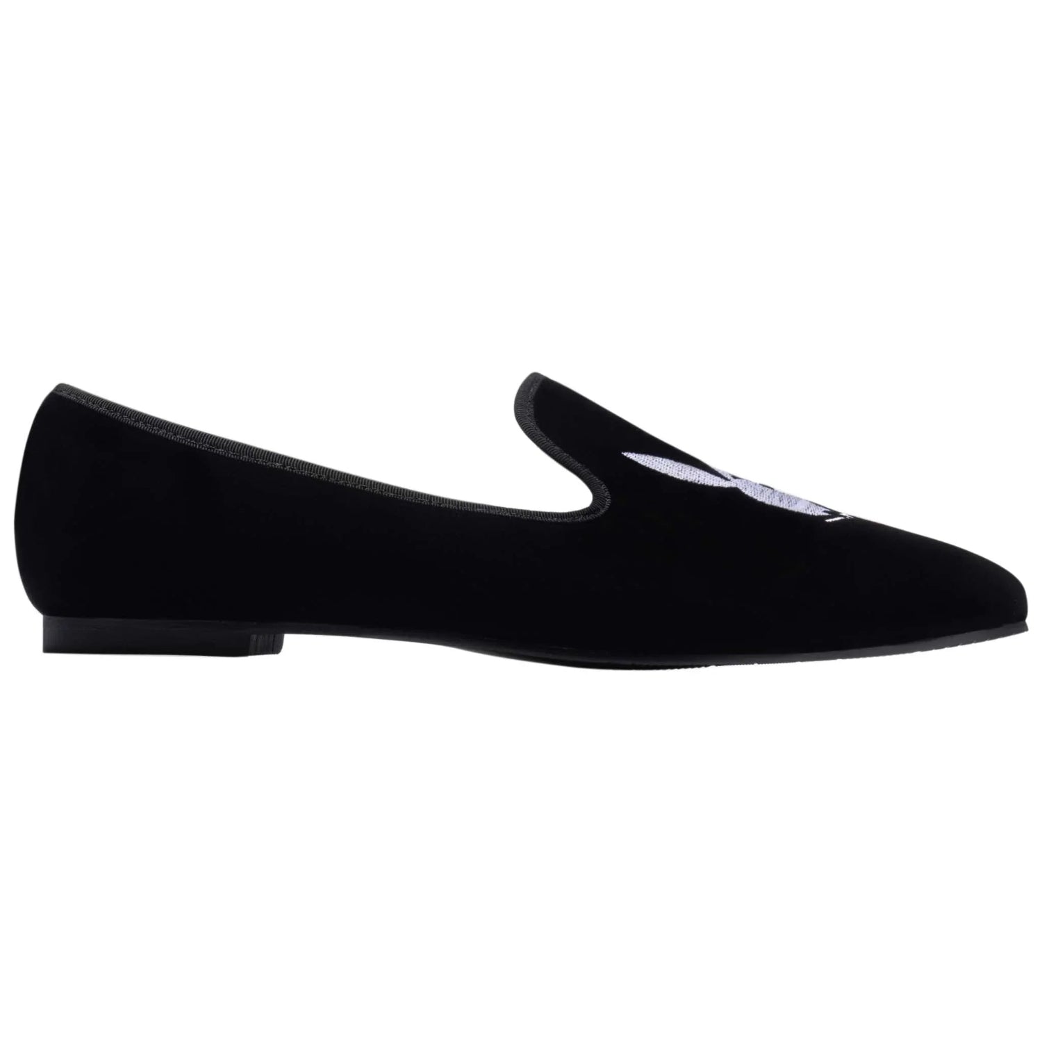 Men's black velvet loafer with embroidered white rabbit head, side view, on white background