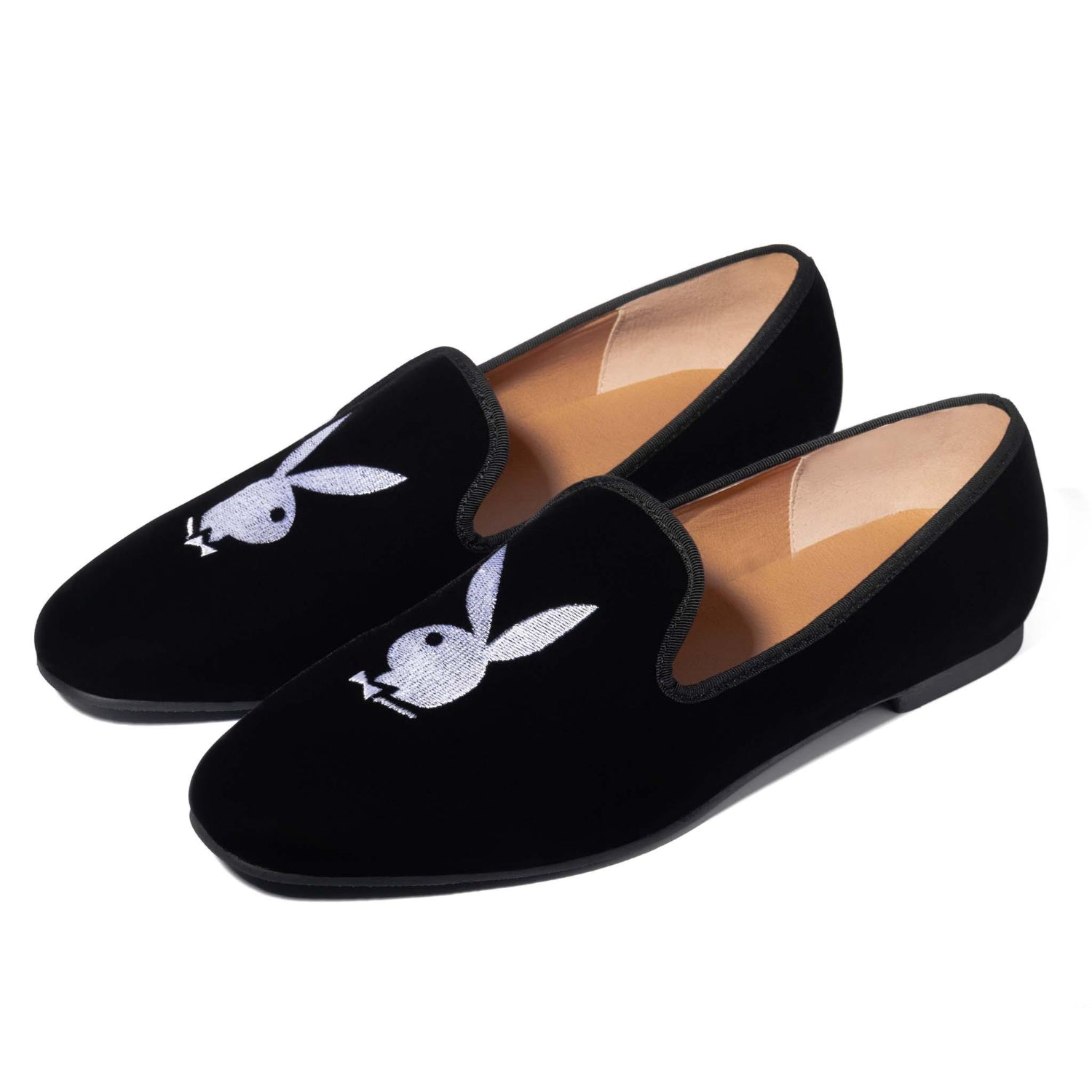 Men's black velvet loafers with embroidered white rabbit head design on toes