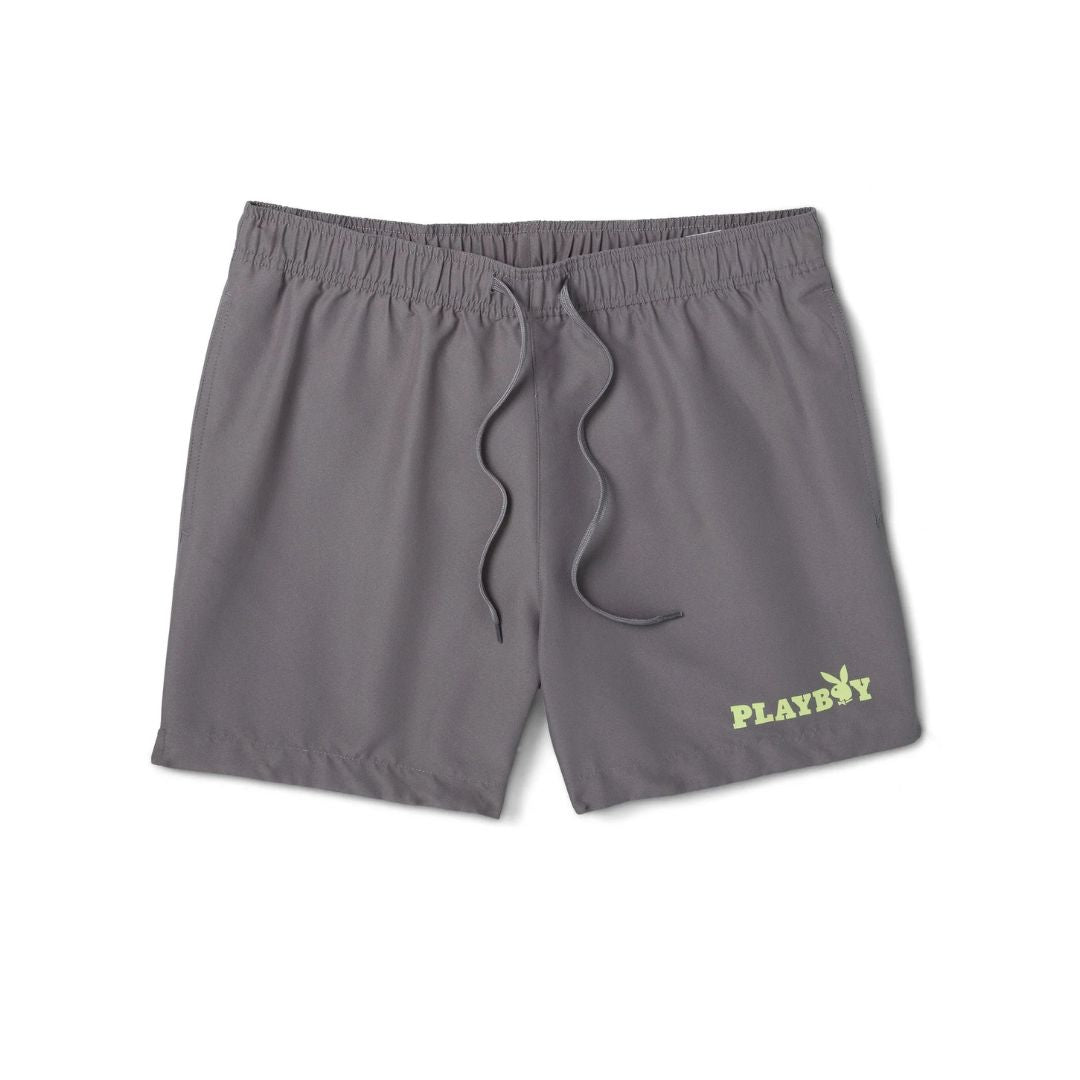 Gray shorts with a green logo on a white background
