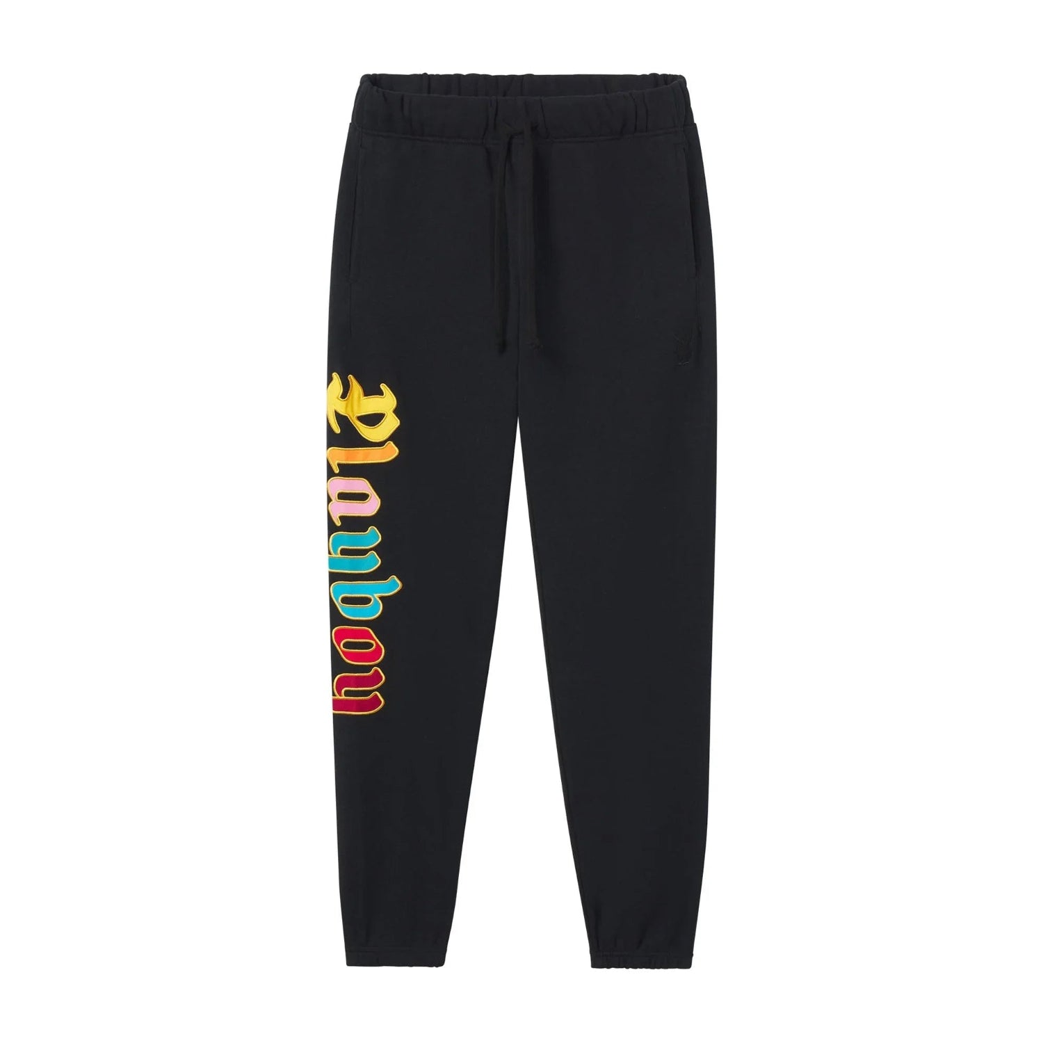 Black men's sweatpants with colorful 'Playboy' logo on left leg, elastic waistband, and drawstring.