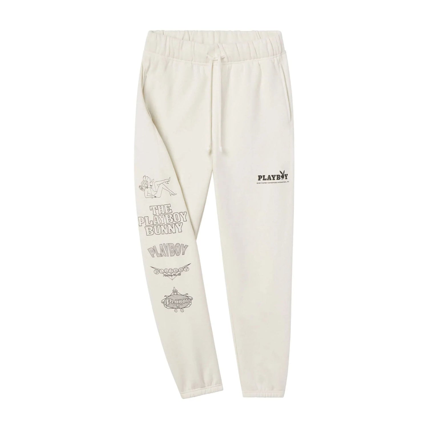 Men's cream sweatpants with Playboy Bunny graphics and black text on left leg and thigh.