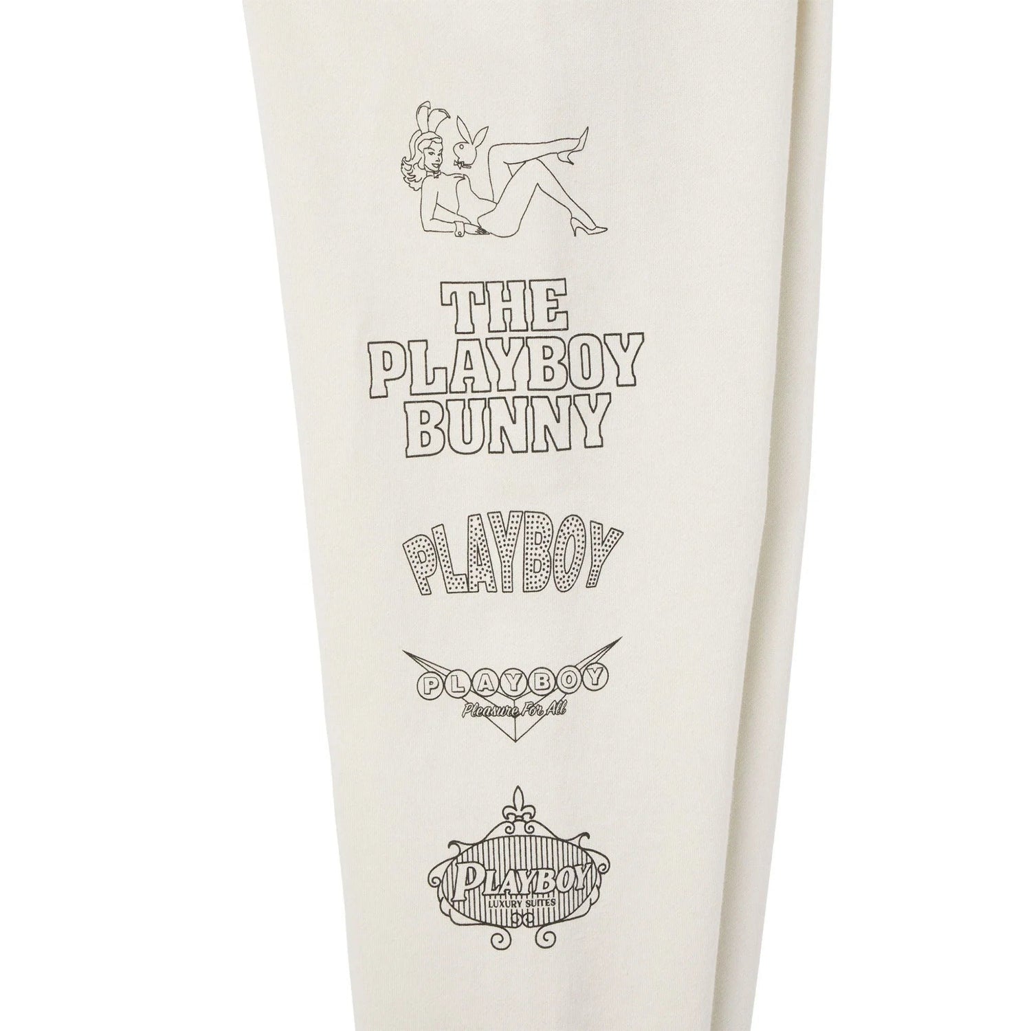 Cream men's sweatpants featuring multiple vintage-style Playboy graphics and logos on the leg.