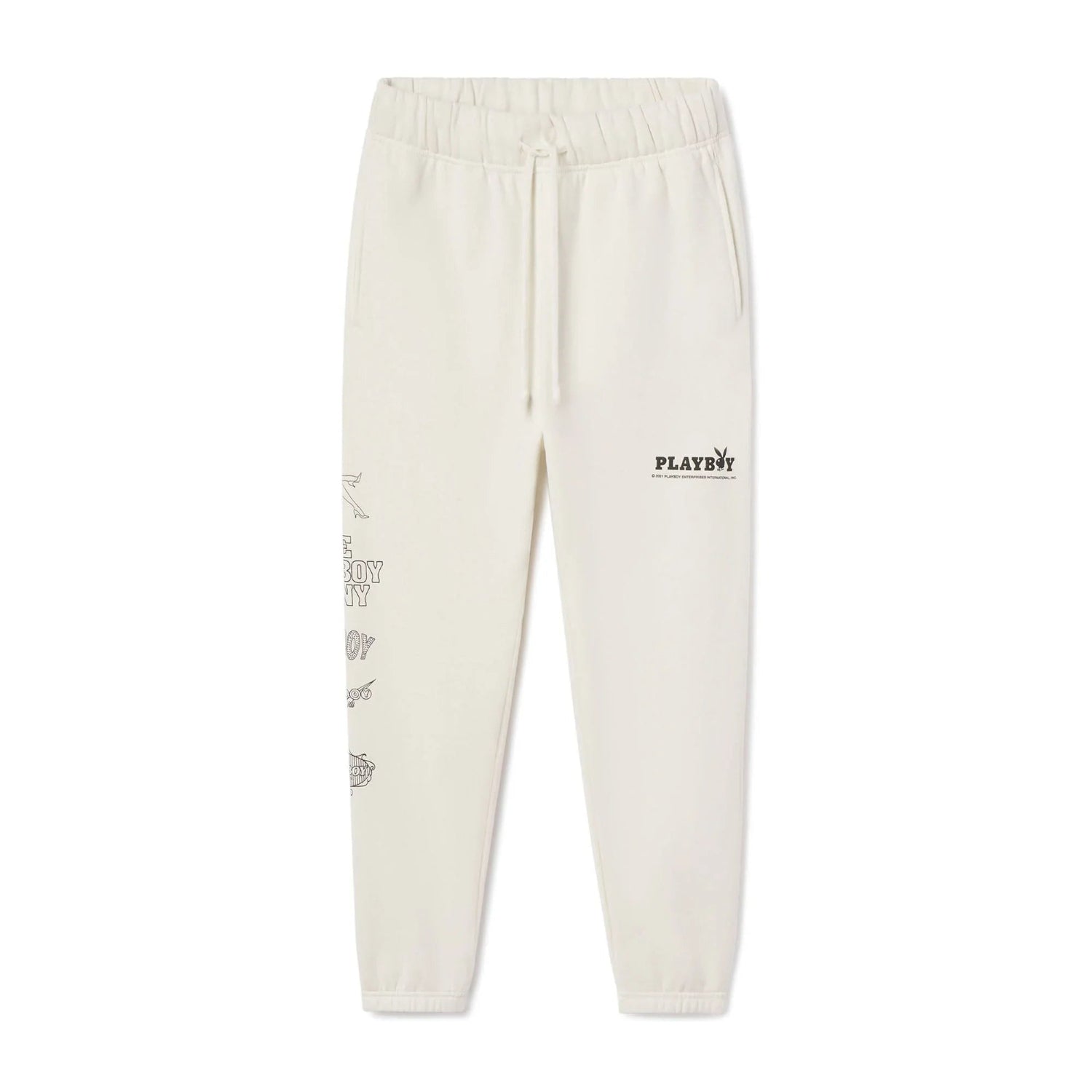 Men's white sweatpants with black Playboy logo and graphic prints, elastic waistband, drawstring