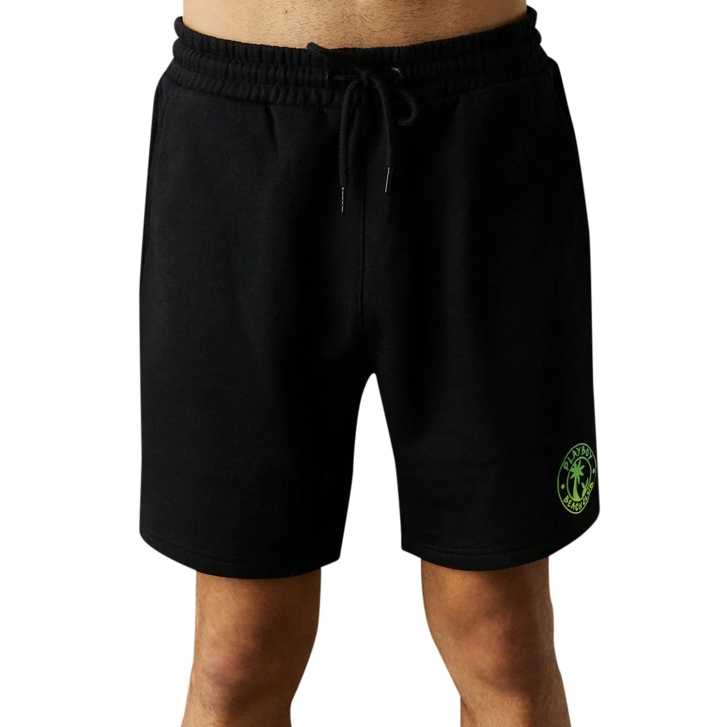 Men's black beach shorts with elastic waistband and neon green palm tree graphic logo