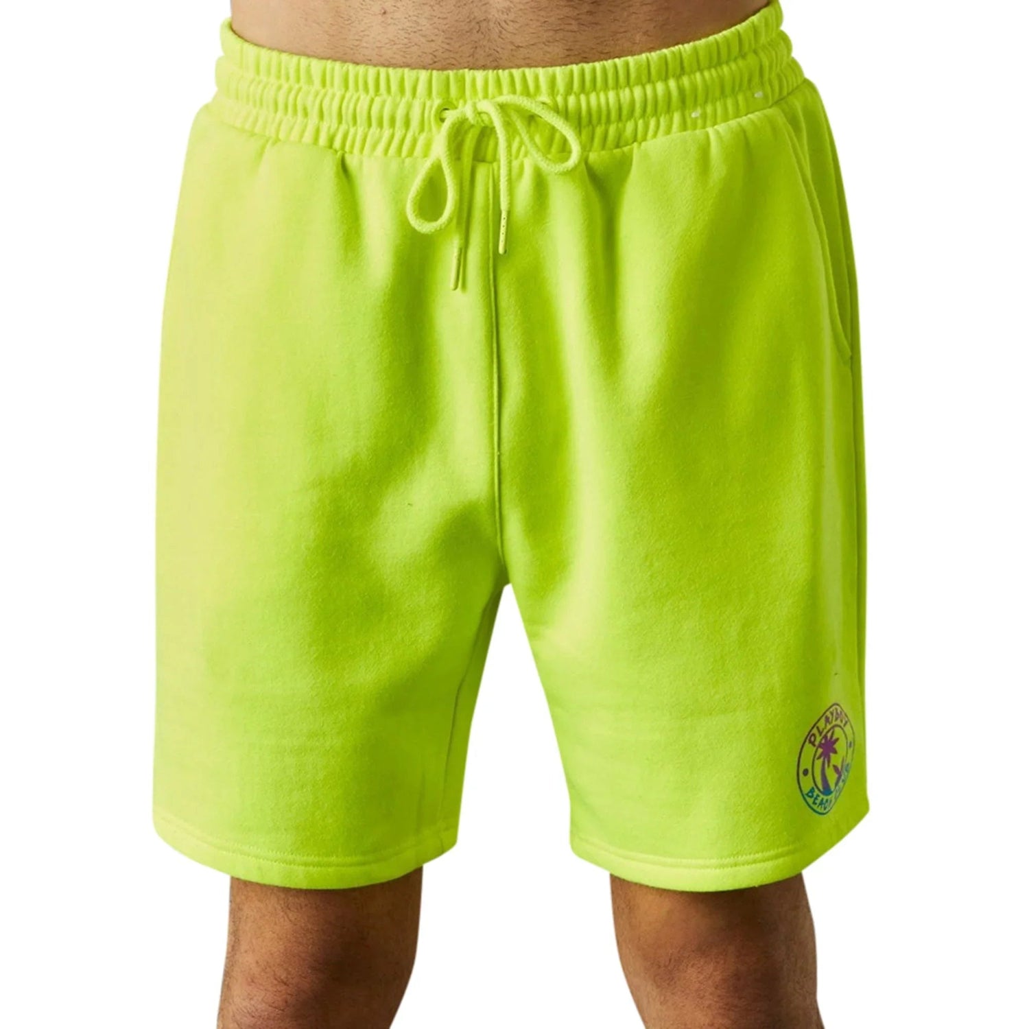 Men's neon yellow beach shorts with drawstring waist and graphic palm tree logo