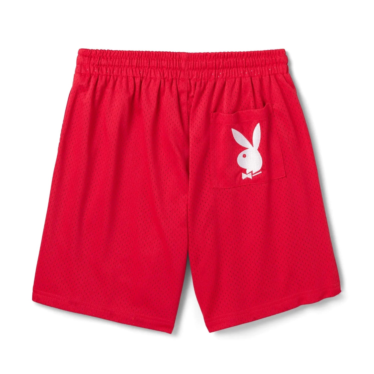 Red men's basketball shorts with mesh texture and white bunny logo on back pocket