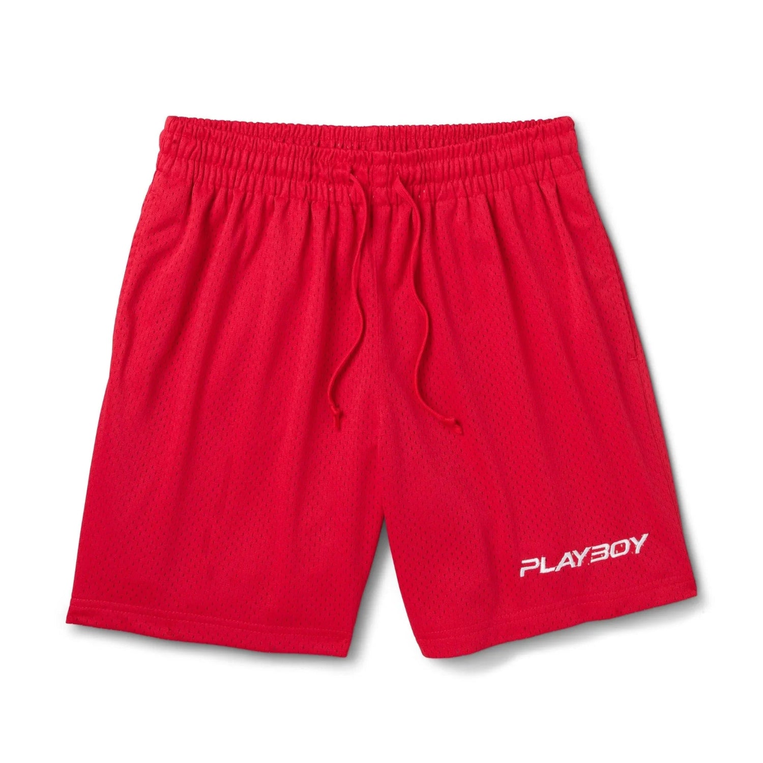 Red men's classic mesh basketball shorts with elastic waistband and PLAYBOY logo