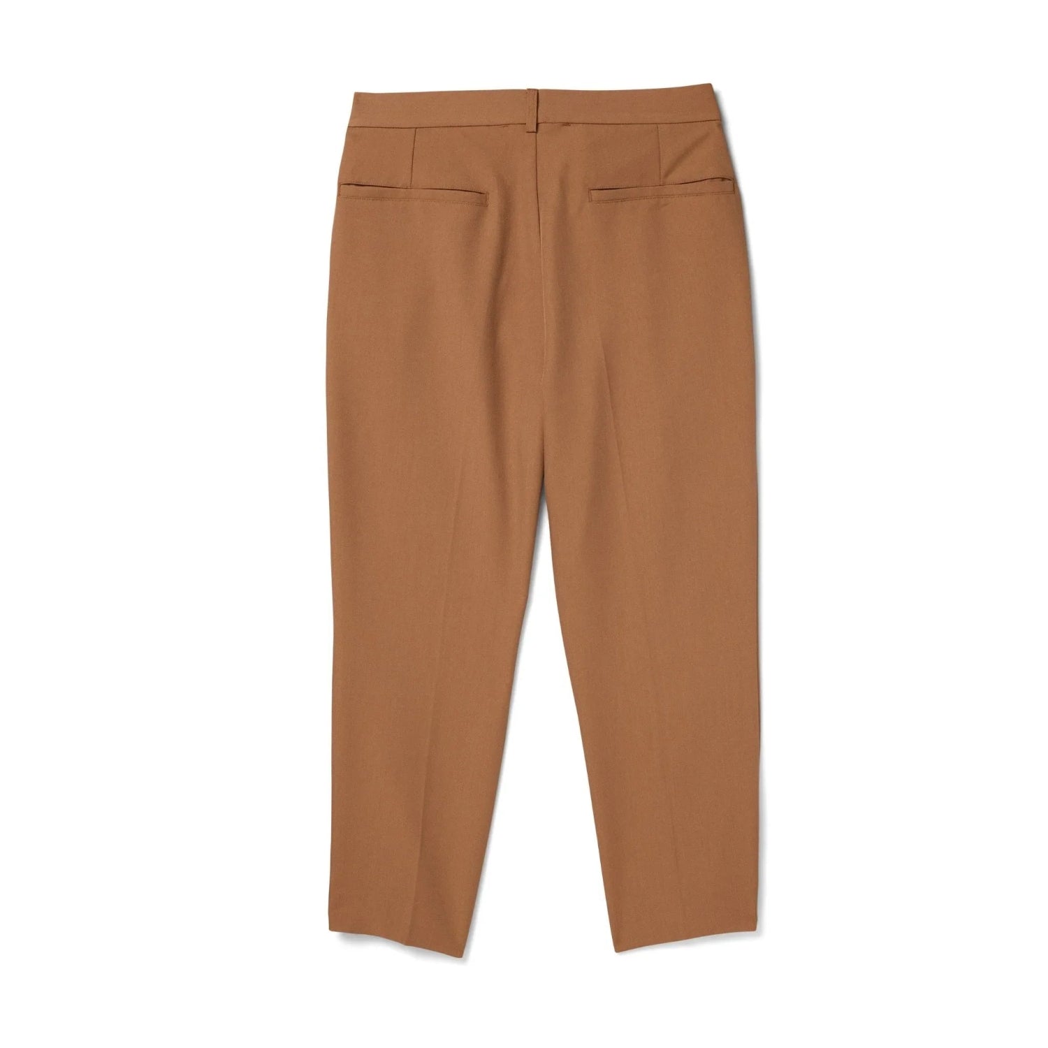 Men's classic brown trousers with back welt pockets, flat front, straight leg, on white background