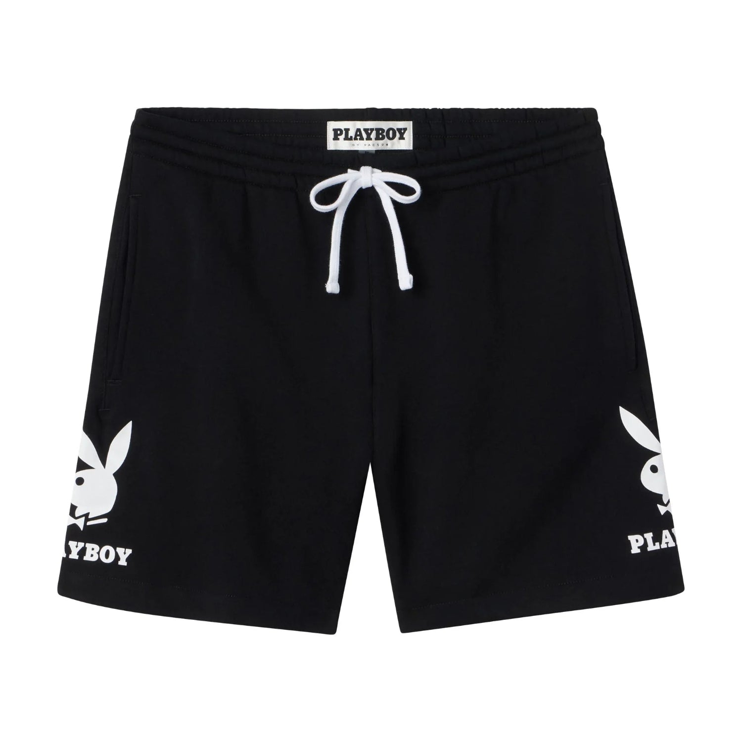 Men's black sweat shorts with white drawstring, double bunny logo and PLAYBOY text print