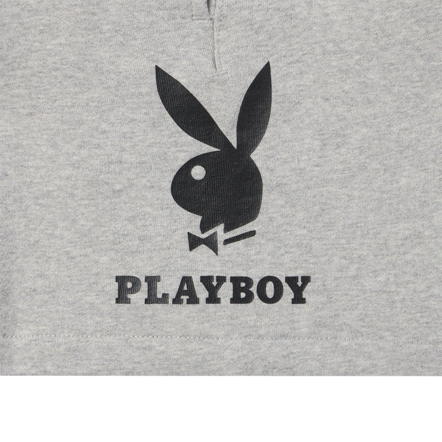 Grey men's sweat shorts with black bunny graphic and bold PLAYBOY text on fabric