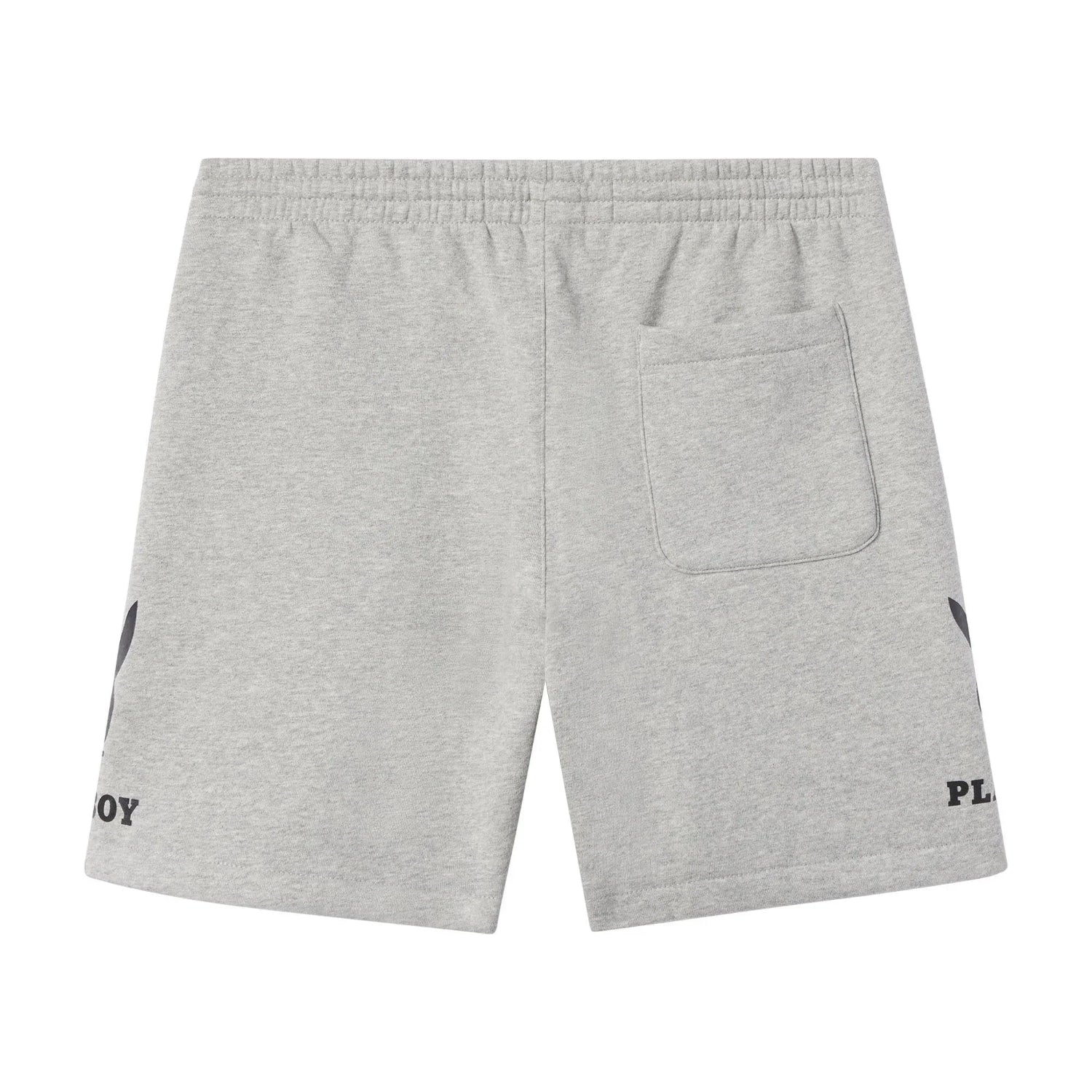 Men's grey sweat shorts with back pocket and black bunny graphics on both legs