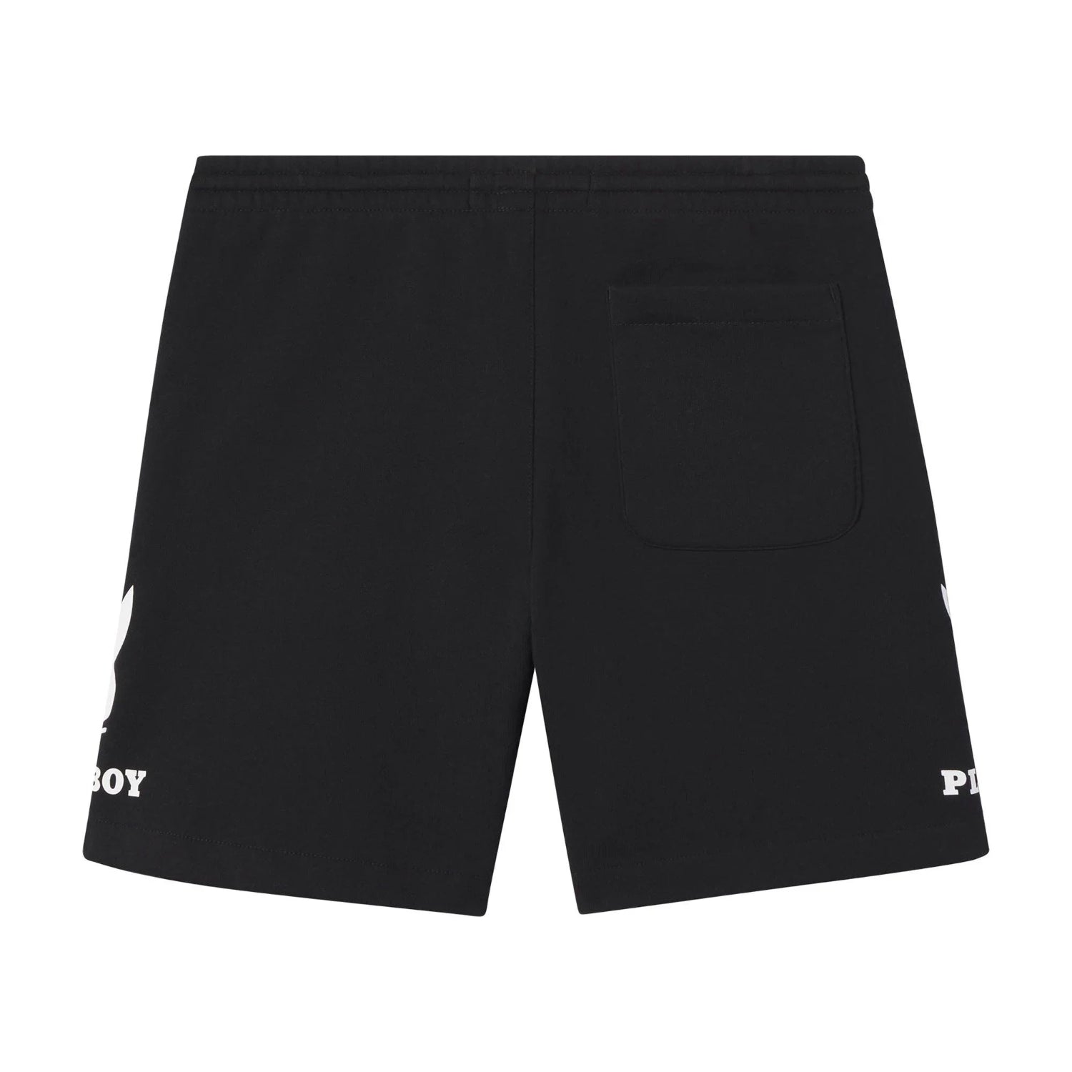 Black men's sweat shorts with white graphic print and back pocket, rear view.